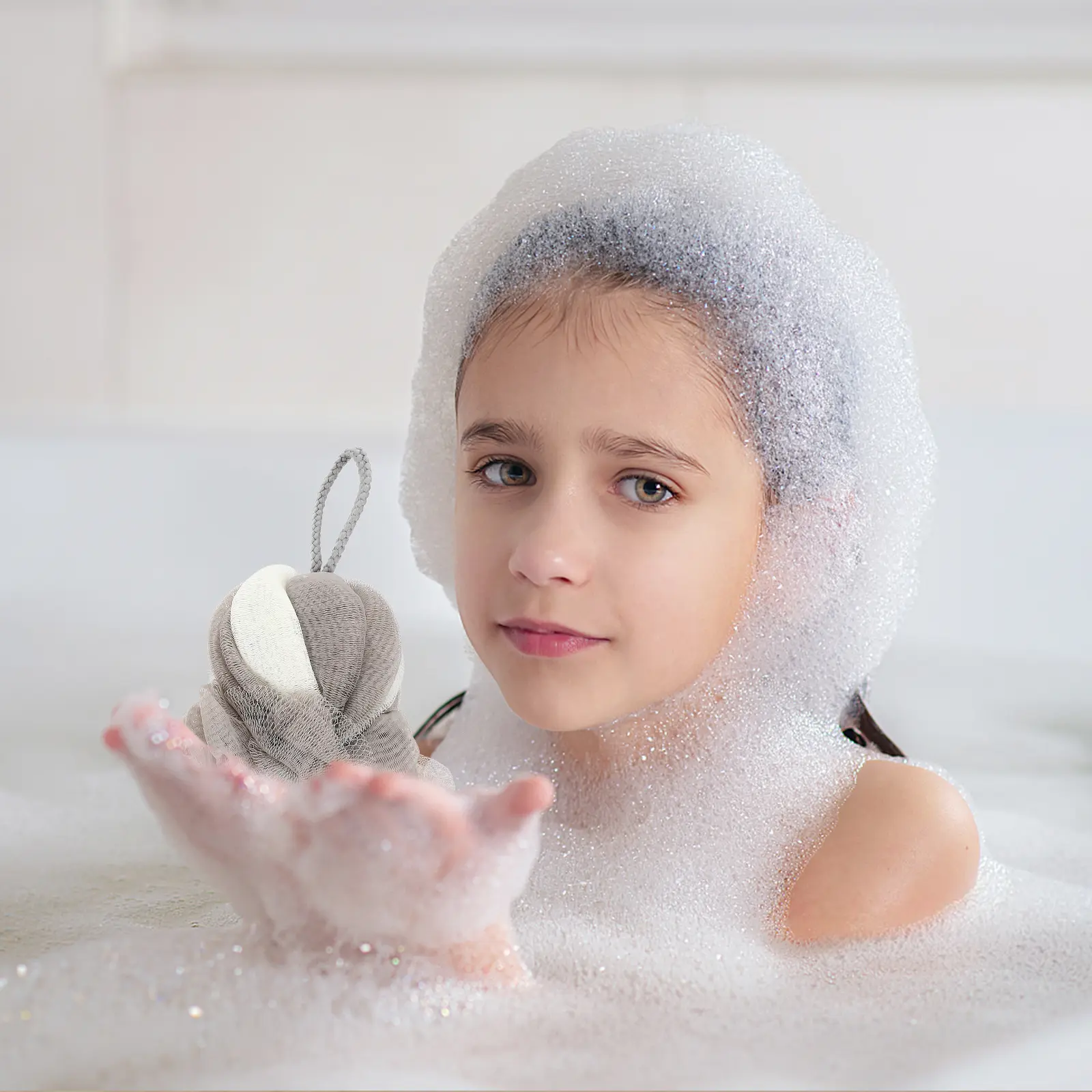 2Pcs Shower Flowers Bathing Balls Foaming Scrubber Long Bath Ball Grey White Stripes Home Travel Bubble Safe Eco