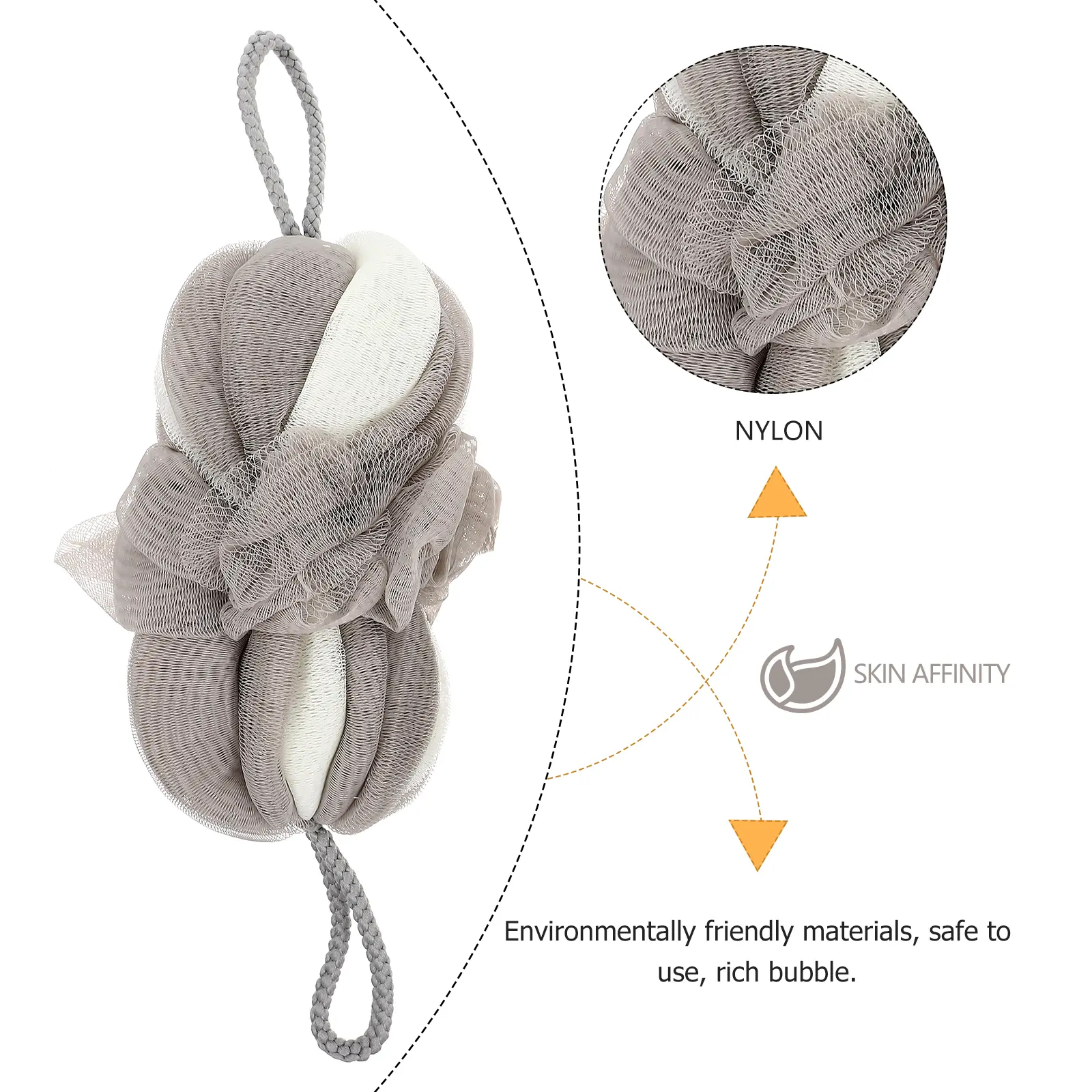 2Pcs Shower Flowers Bathing Balls Foaming Scrubber Long Bath Ball Grey White Stripes Home Travel Bubble Safe Eco