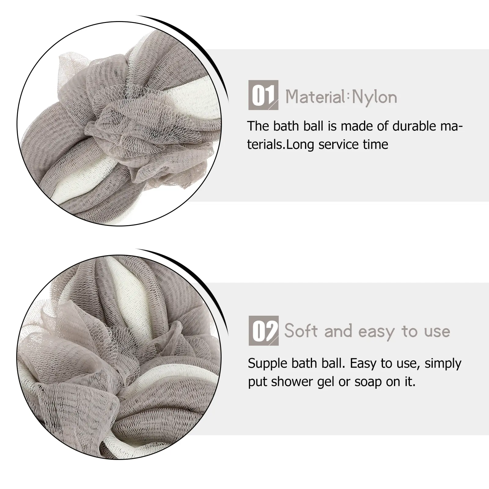 2Pcs Shower Flowers Bathing Balls Foaming Scrubber Long Bath Ball Grey White Stripes Home Travel Bubble Safe Eco