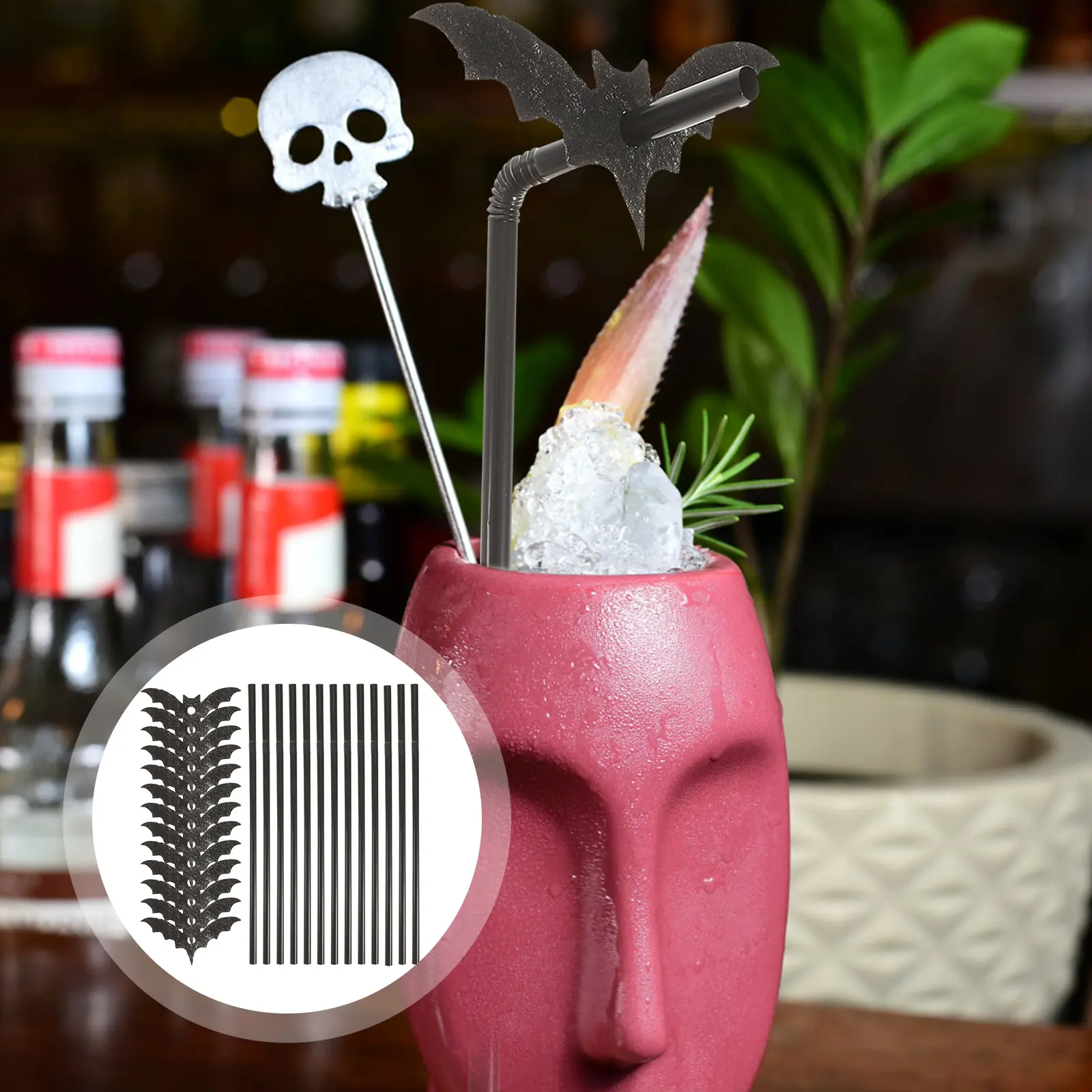 50 set Plastic Straws Decorative Halloween Bat Design Drinking Straws for Party Favors School Holiday Cocktail Decoration DIY
