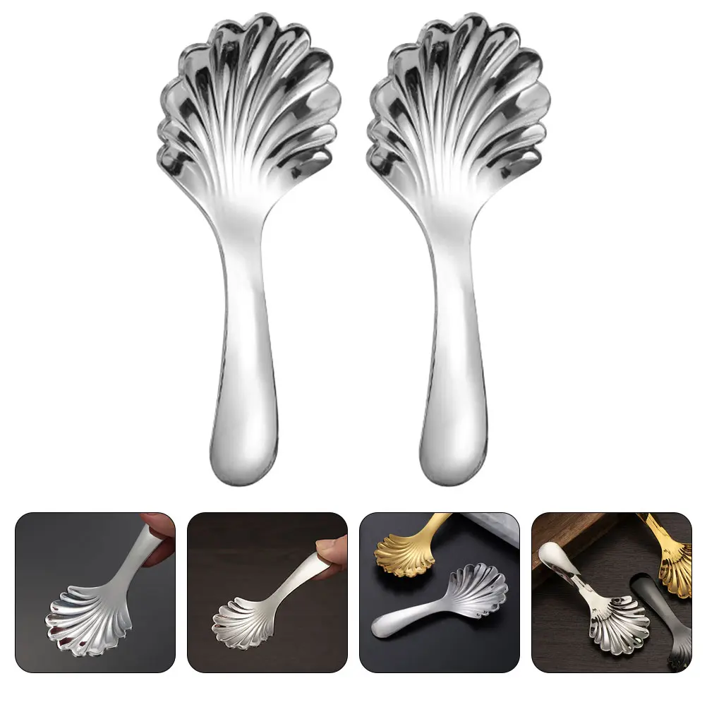 2pcs Stainless Steel Tea Thickened Coffee Stirring Spoon Dessert Cake Spoons Shell Design Smooth Surface Metal Spoon