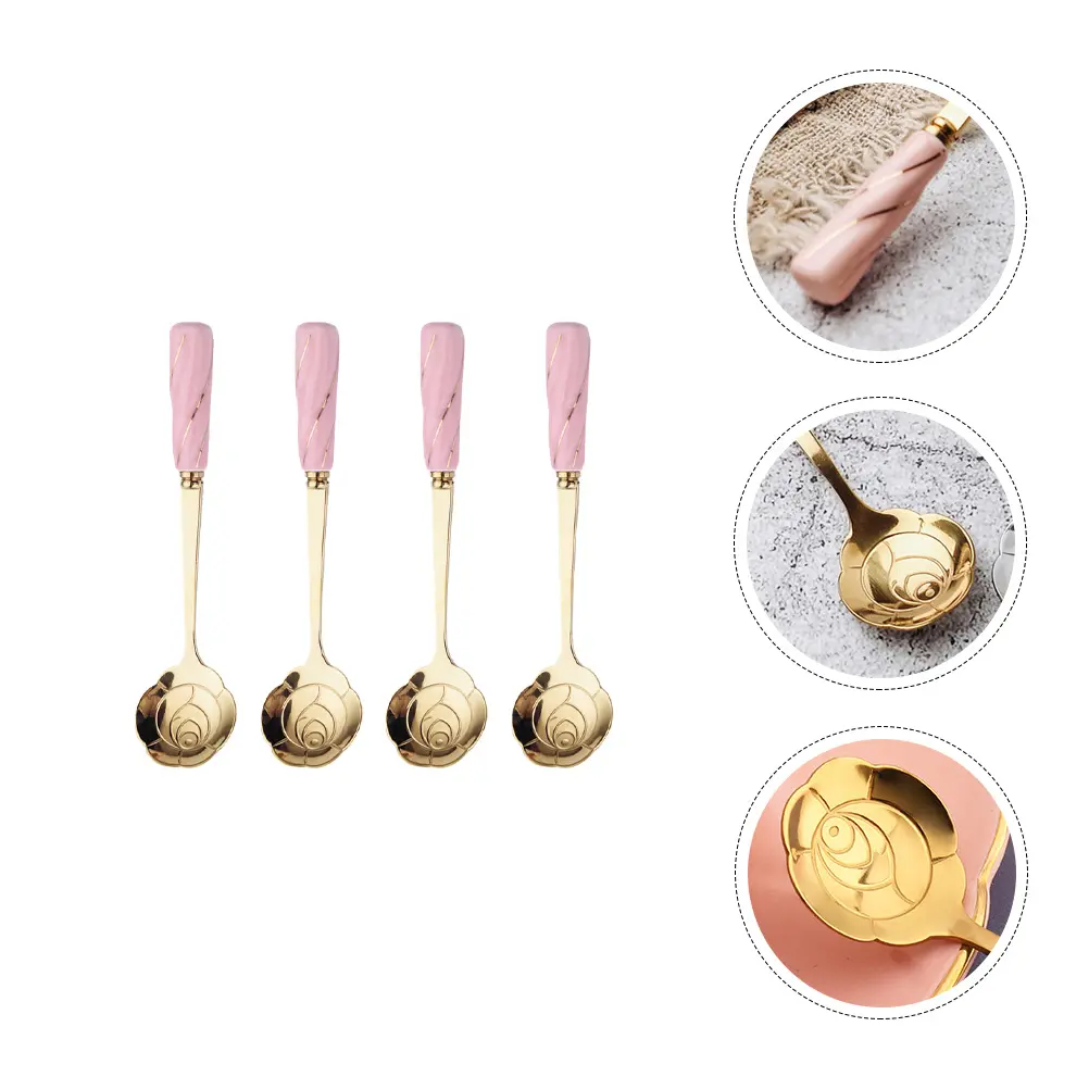 4pcs Ceramic Handle Spoon Dessert Coffee Ice Cream Spoon Multipurpose Household Cake Scoop Flower Design Stainless