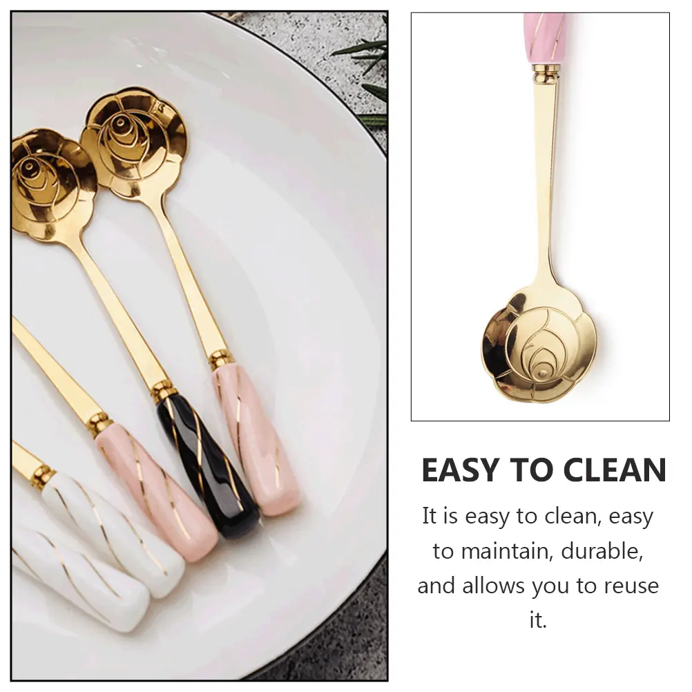 4pcs Ceramic Handle Spoon Dessert Coffee Ice Cream Spoon Multipurpose Household Cake Scoop Flower Design Stainless