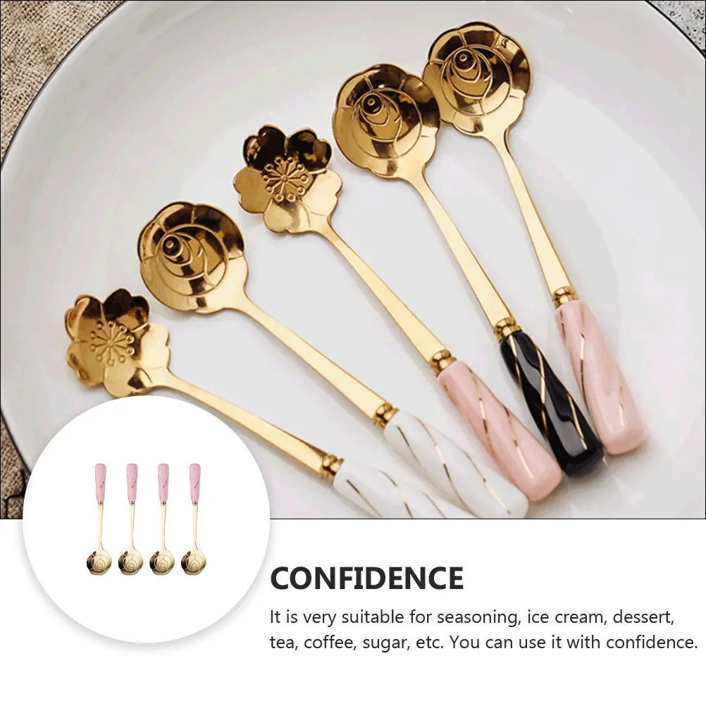 4pcs Ceramic Handle Spoon Dessert Coffee Ice Cream Spoon Multipurpose Household Cake Scoop Flower Design Stainless
