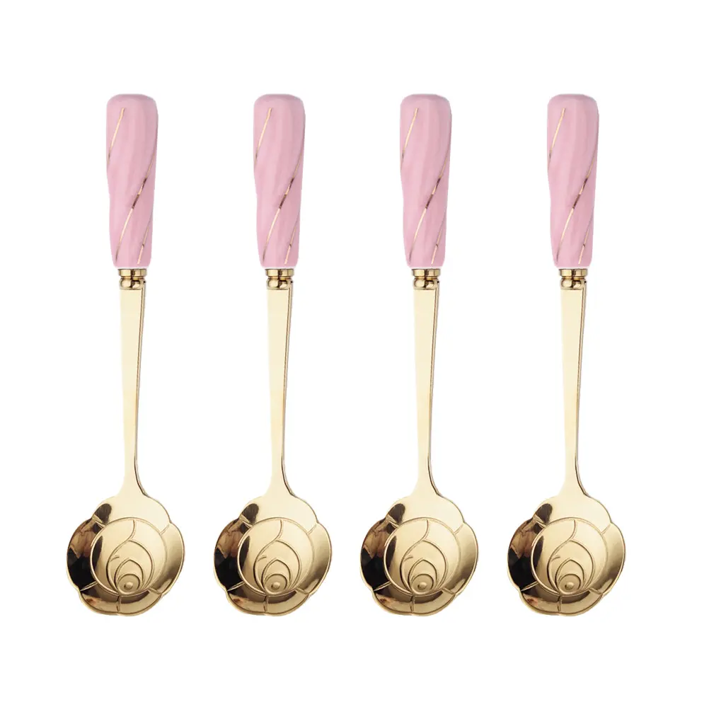 4pcs Ceramic Handle Spoon Dessert Coffee Ice Cream Spoon Multipurpose Household Cake Scoop Flower Design Stainless