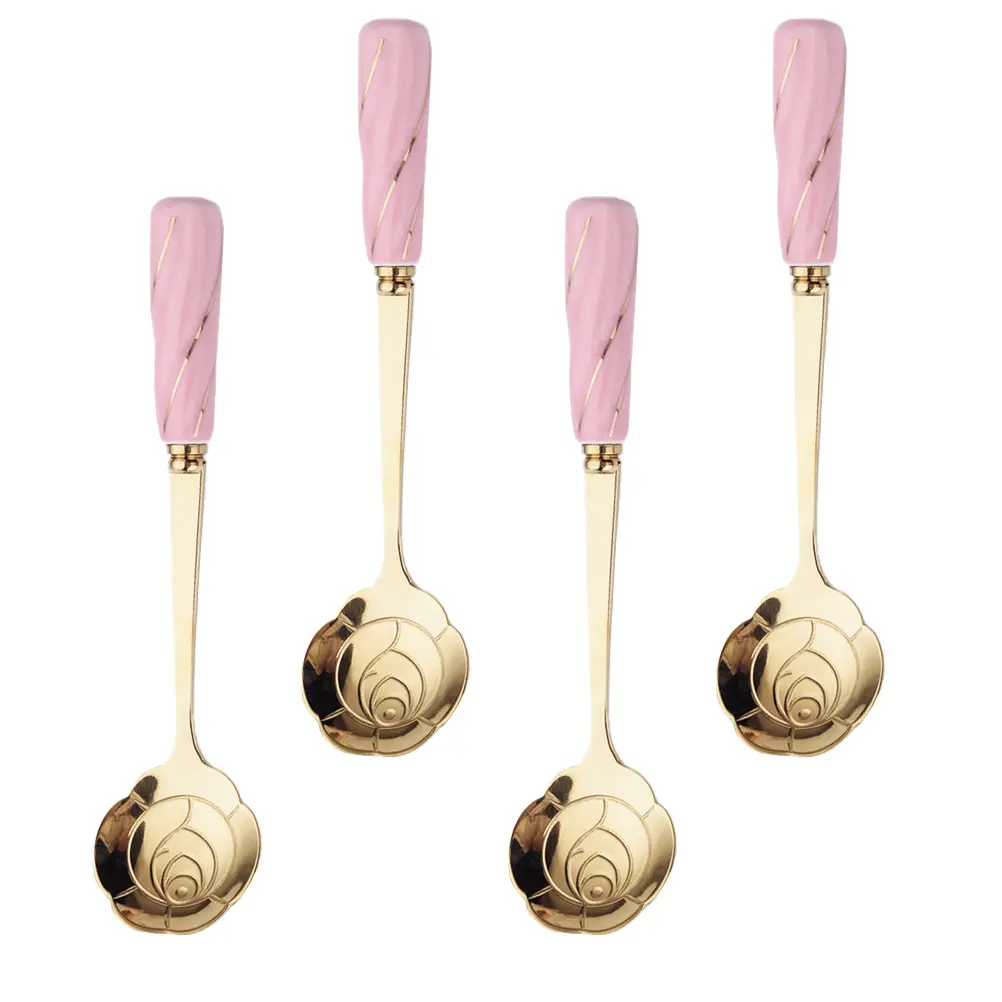 4pcs Ceramic Handle Spoon Dessert Coffee Ice Cream Spoon Multipurpose Household Cake Scoop Flower Design Stainless