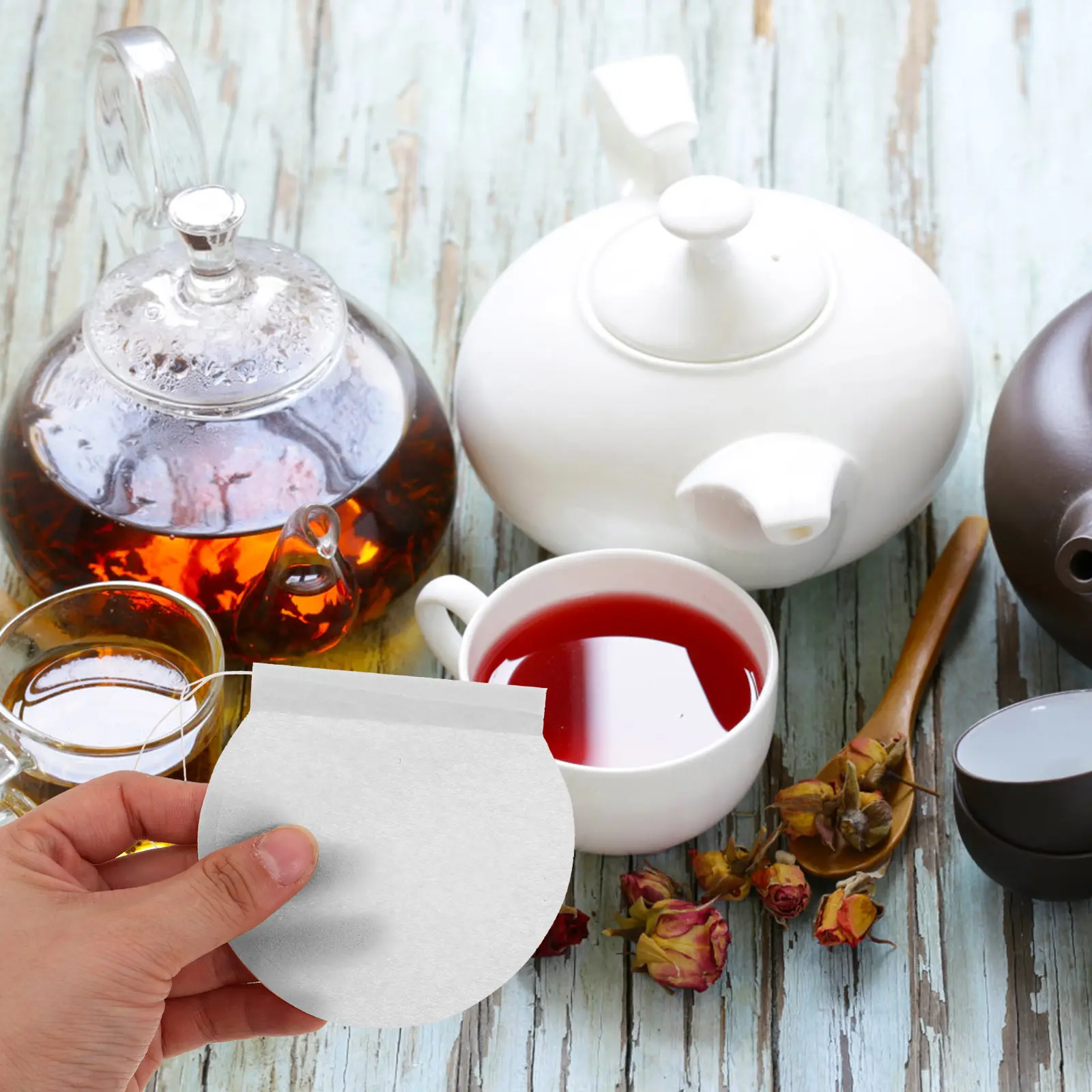 100 Pcs Round Filter Bags Reusable Loose Fillable Empty Compostable Leaf Tea Coffee Herbal Powder Disposable Drawstring Infuser