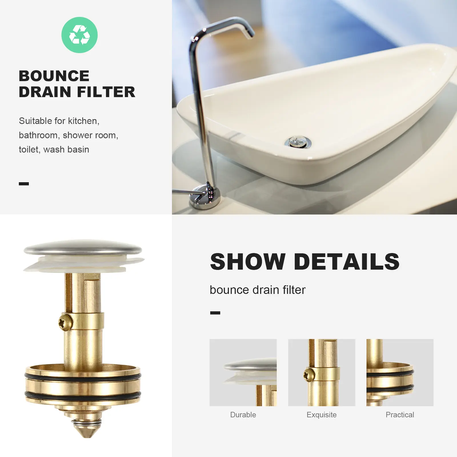Bounce Drain Filter Wash Basin Drainer Up Garbage Strainer Stainless Steel Copper Kitchen Bathroom Shower Room Sink Plugs