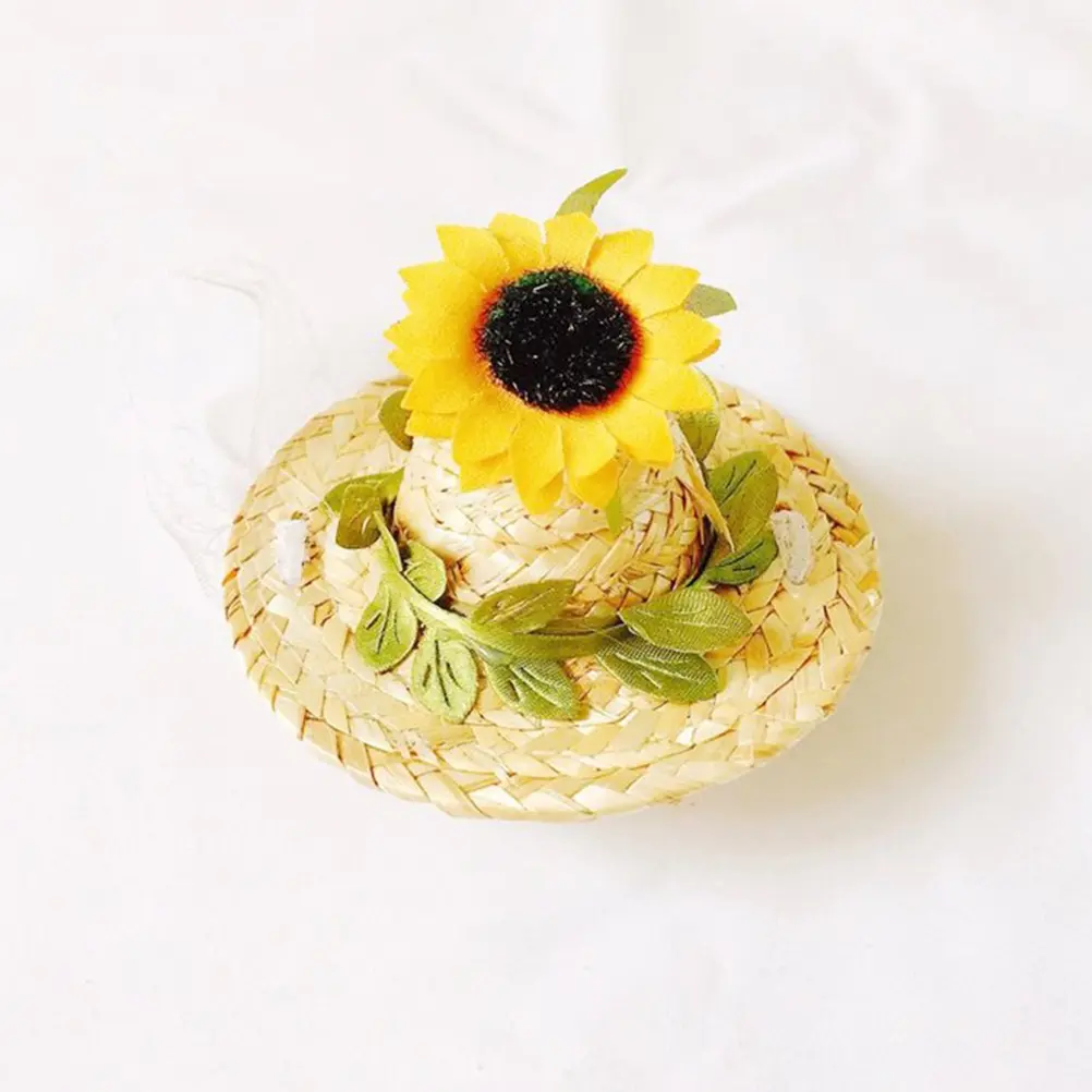 Sunflower Headdress Dog Headgear Hats for Small Puppy Graduation Linen Photo Prop Party Favor Woven Pet Hat Stylish Design Cool