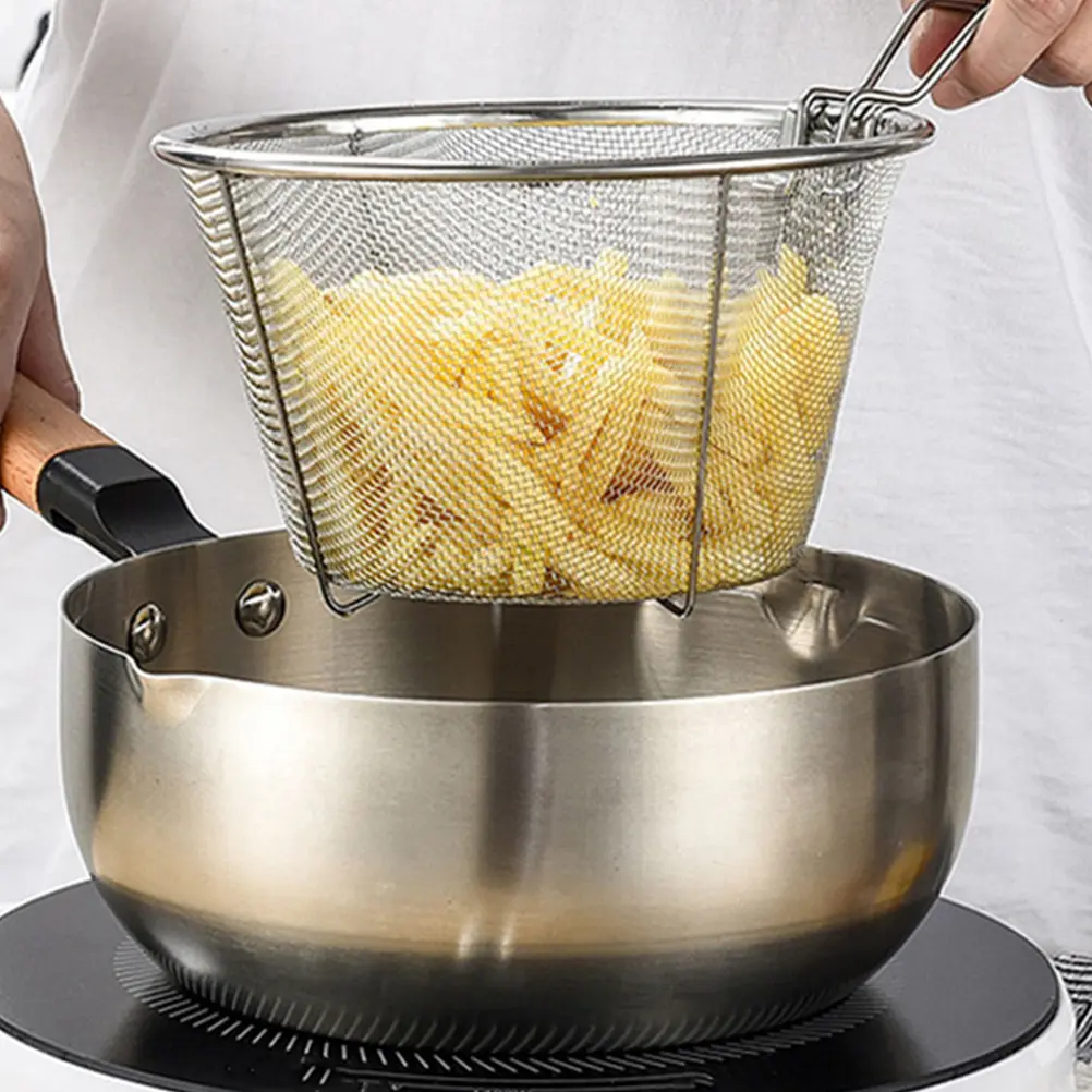 Stainless Steel Frying Basket Deep Fryer Baskets Chips Holder Silver Metal fry basket h Large Volume Even Heat Distribution