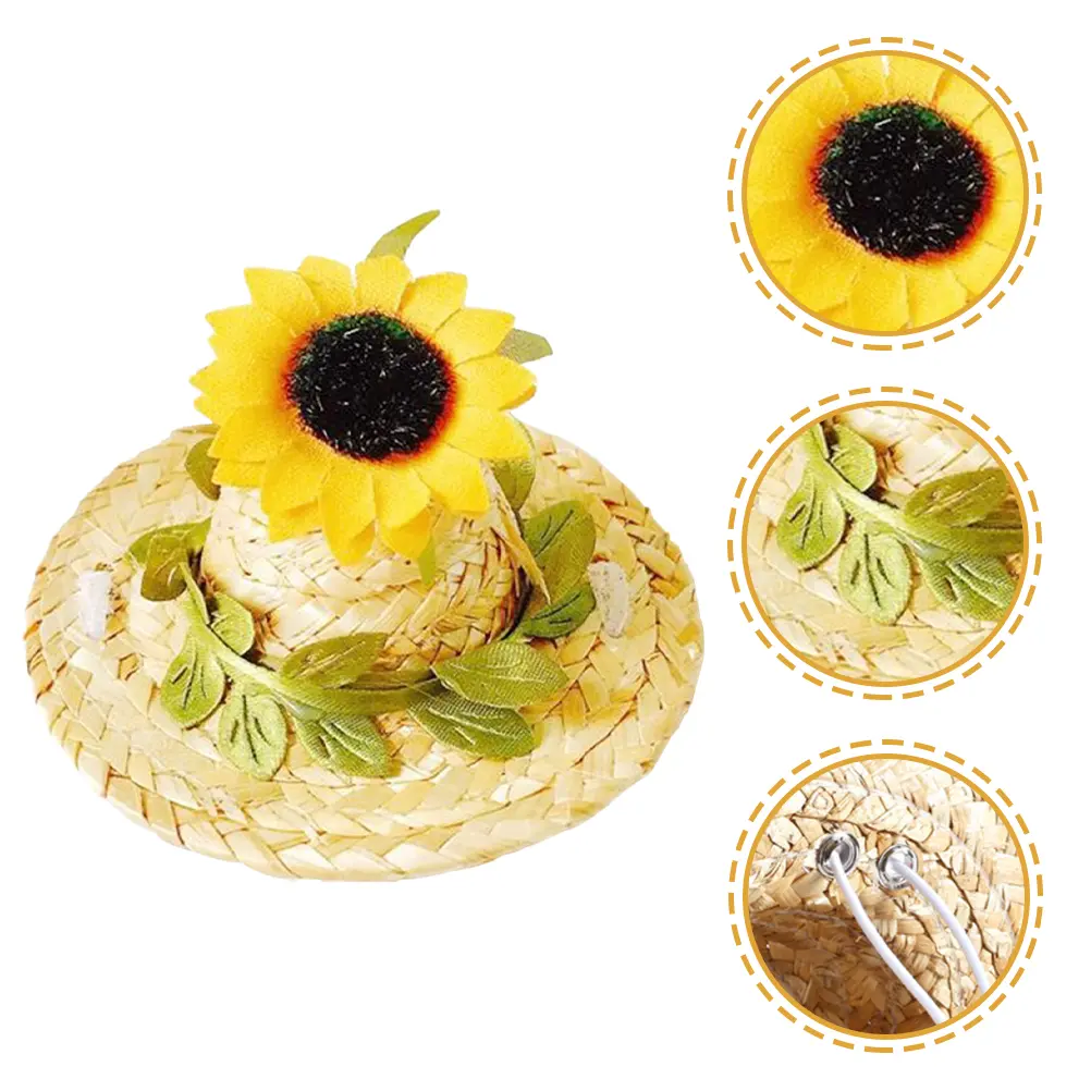Sunflower Headdress Dog Headgear Hats for Small Puppy Graduation Linen Photo Prop Party Favor Woven Pet Hat Stylish Design Cool