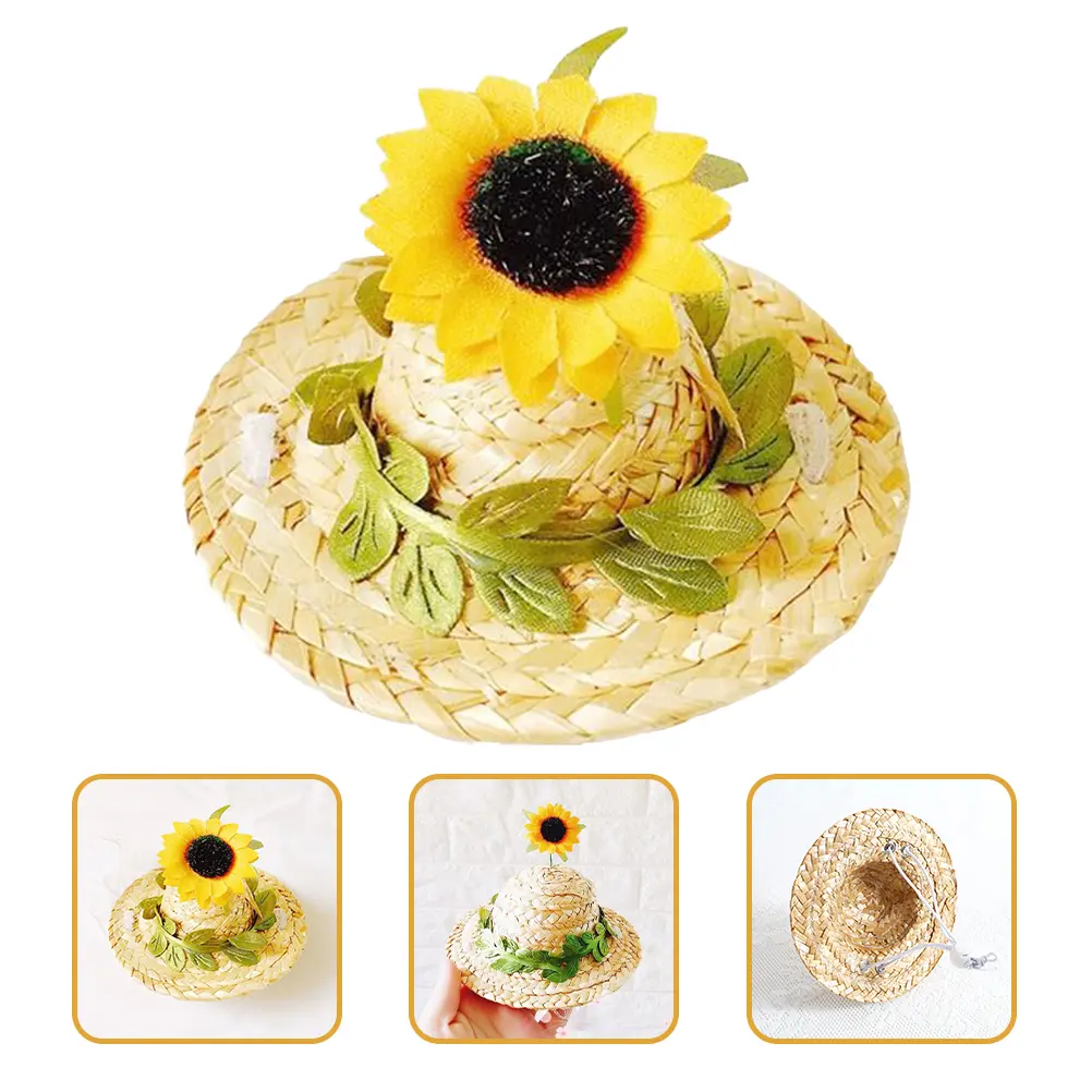 Sunflower Headdress Dog Headgear Hats for Small Puppy Graduation Linen Photo Prop Party Favor Woven Pet Hat Stylish Design Cool