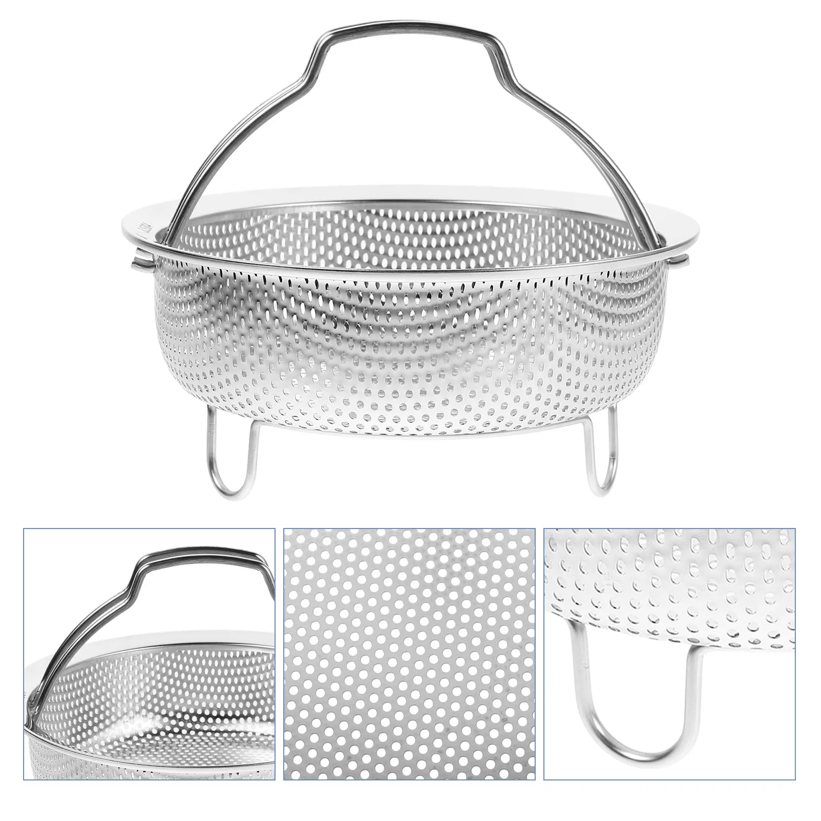 Drain Basket Mesh Strainer with Handle Metal Steamer Insert Food Steaming Silver