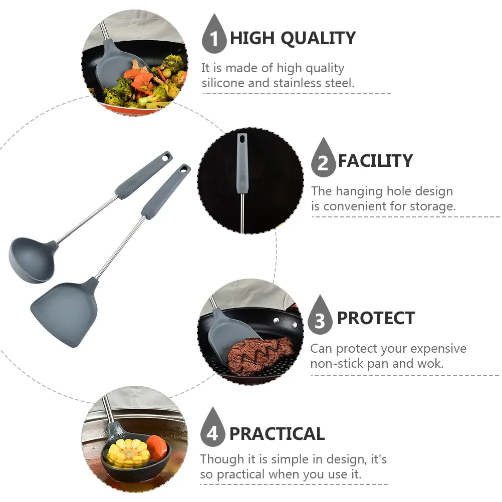 2 pcs Silicone Spatula Kitchen Utensils Set Stainless Steel Heat Resistant Cooking Tools Baking Aids Scratch Resistant