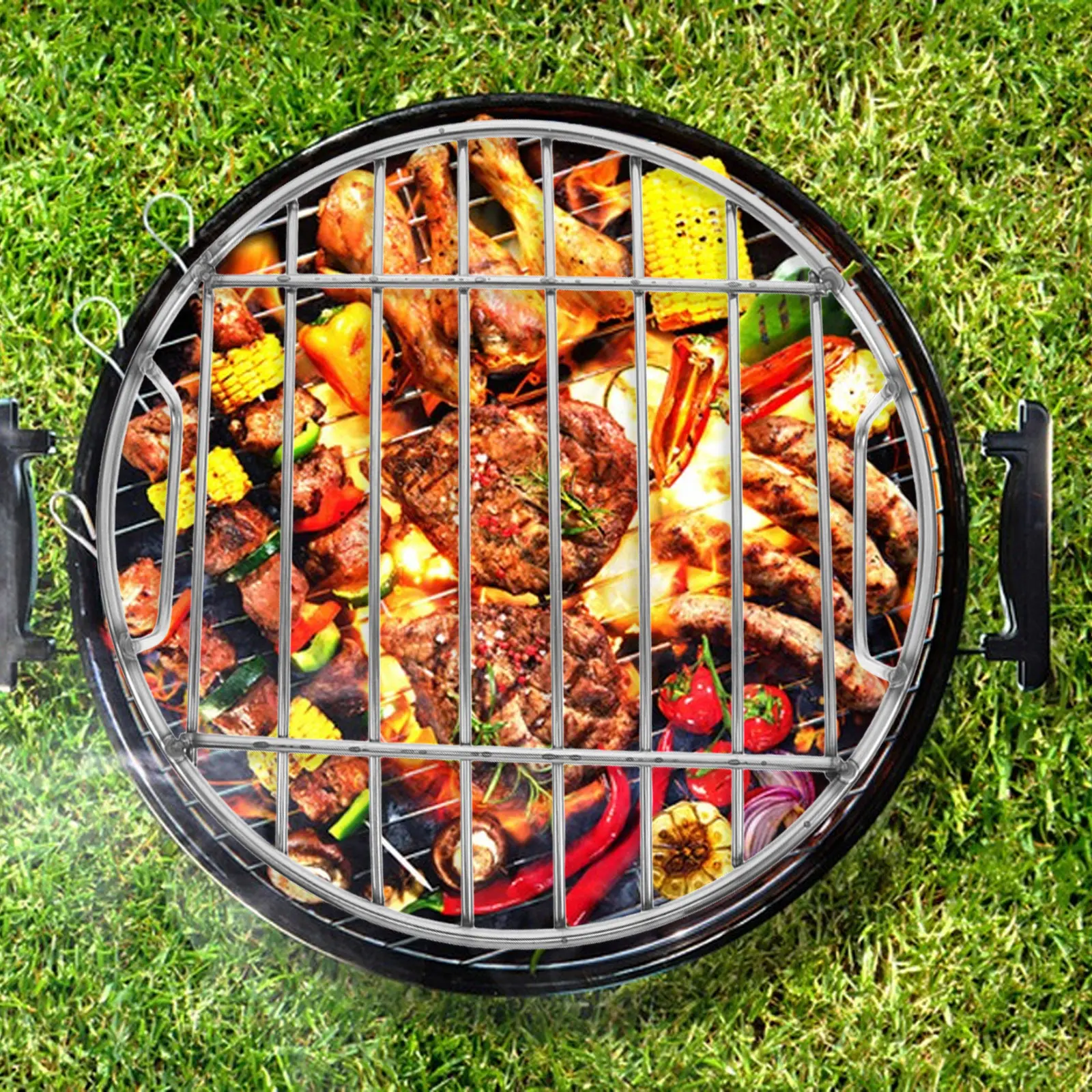 Stainless Steel BBQ Grate Fire Pit Round Grill Durable Handle Easy Clean Multi Functional Steaming Rack Pot Stand for Chicken