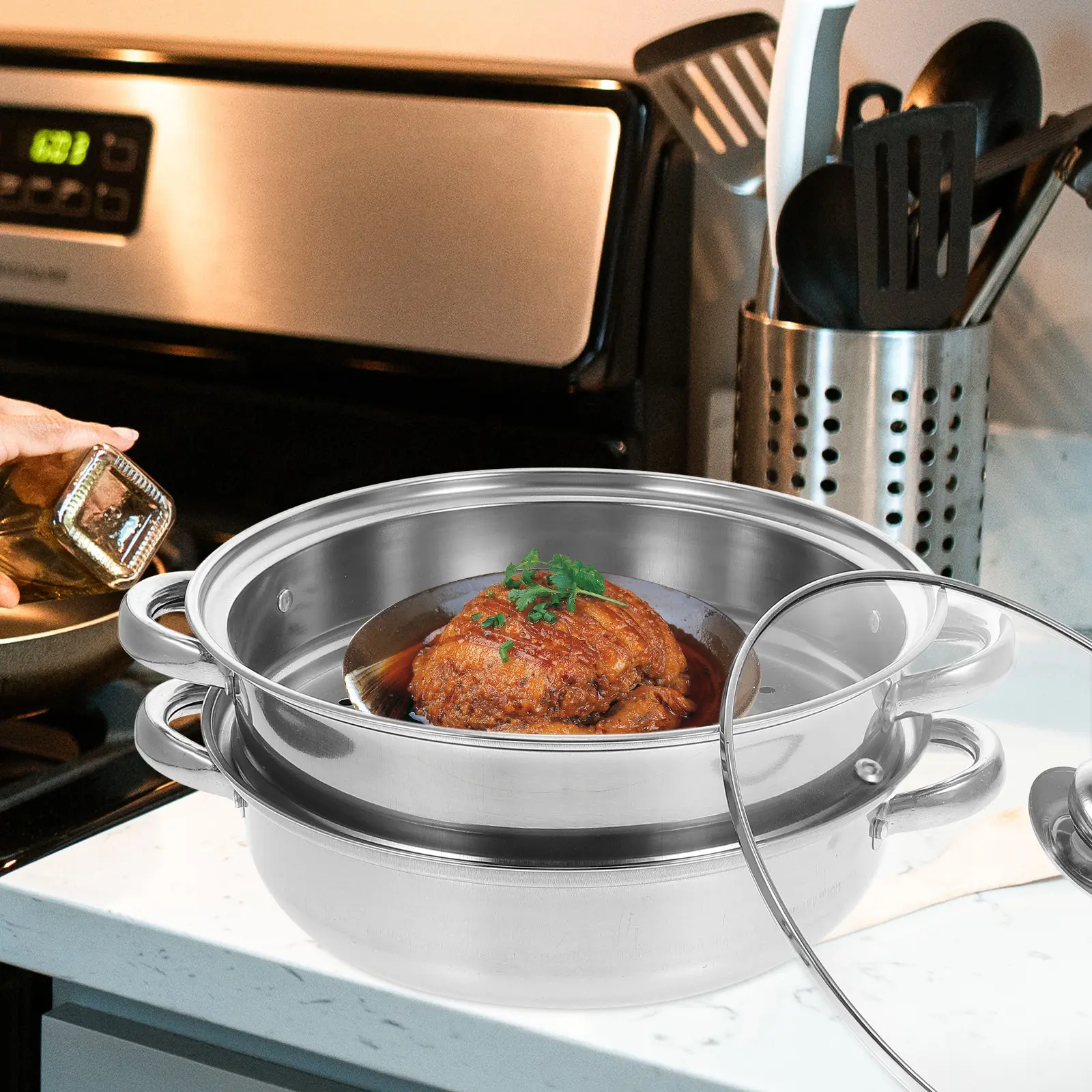 Thick Double Layer Food Pot Household Kitchen Steam Pot Stainless Steel Steamer Multi Functional Cooking Steaming Tool Vegetable