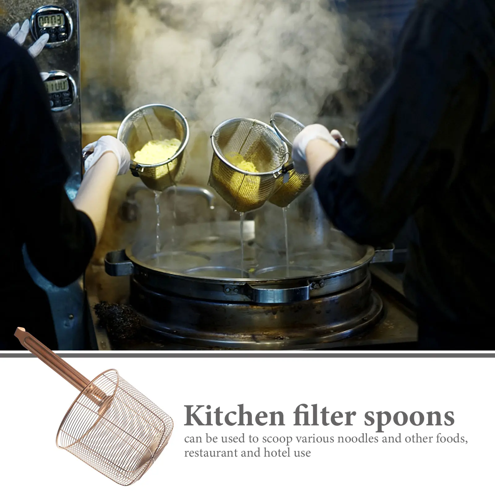 1pc Stainless Steel Colander Kitchen Strainer Mesh Basket Fine Pasta Skimmer Large Capacity Wall Hook Handle For Home