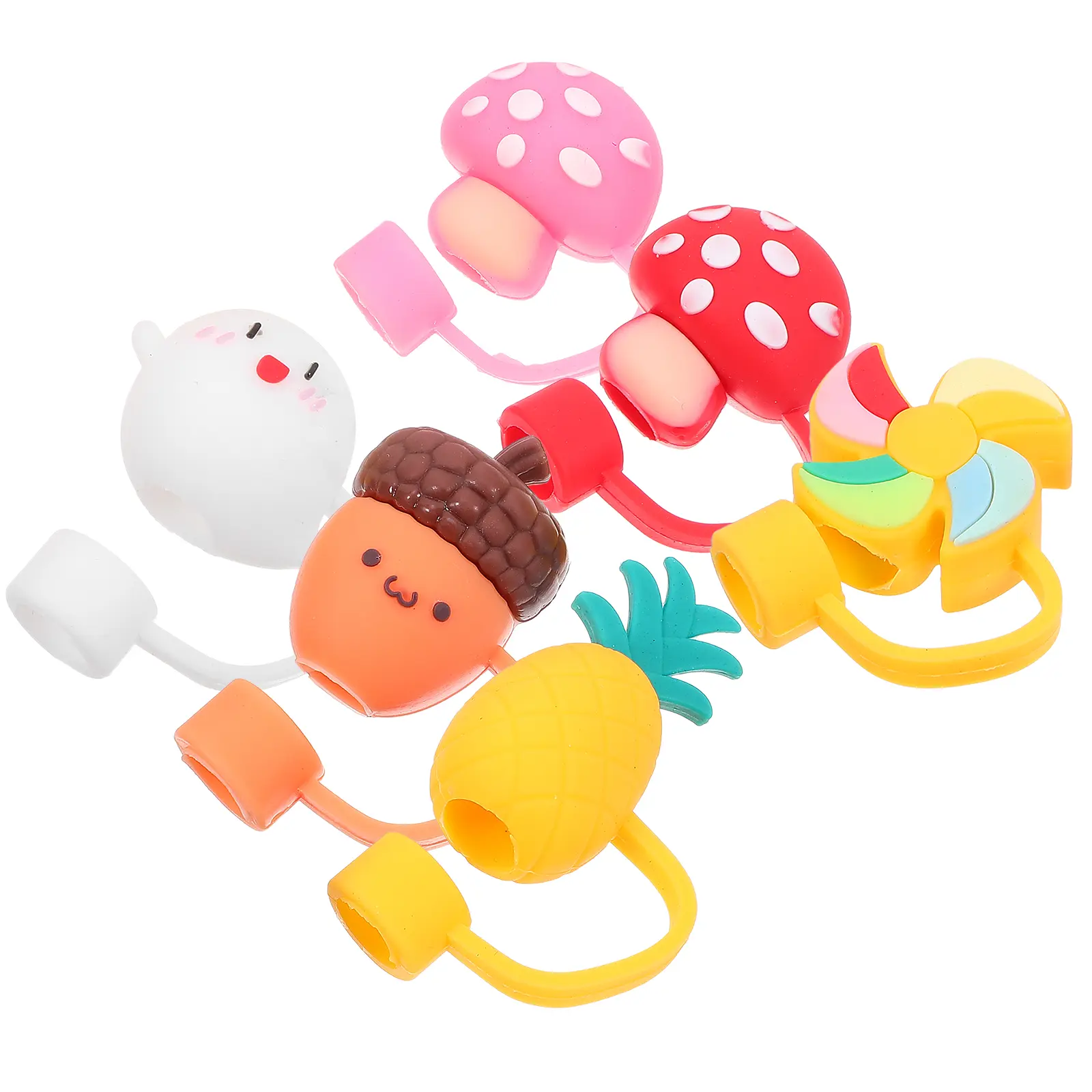 6pcs Silicone Straw Covers Dust Caps Cute Kawaii Drink Protectors Reusable Straws Anti-Dirt Sealable Funny