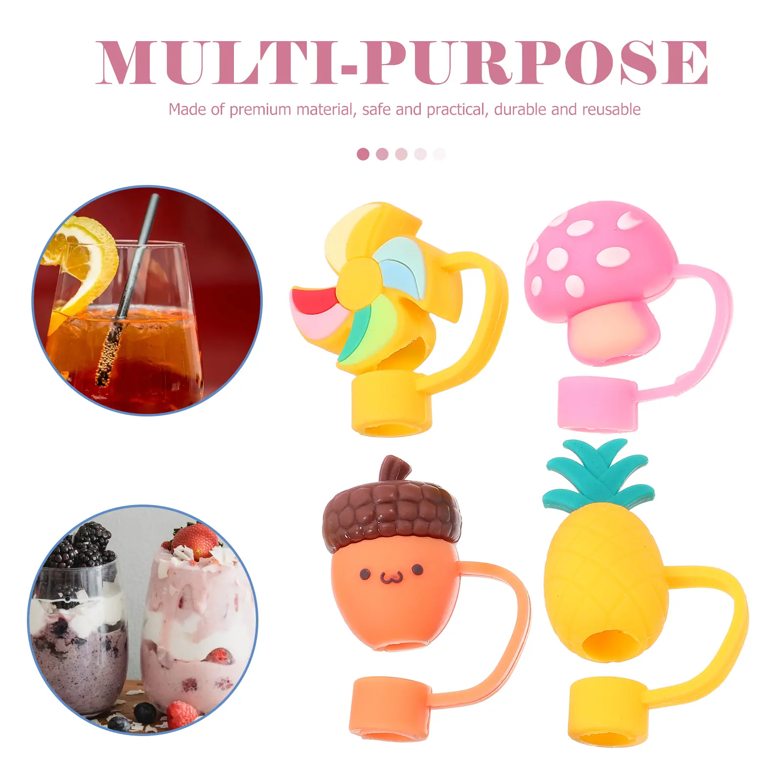 6pcs Silicone Straw Covers Dust Caps Cute Kawaii Drink Protectors Reusable Straws Anti-Dirt Sealable Funny
