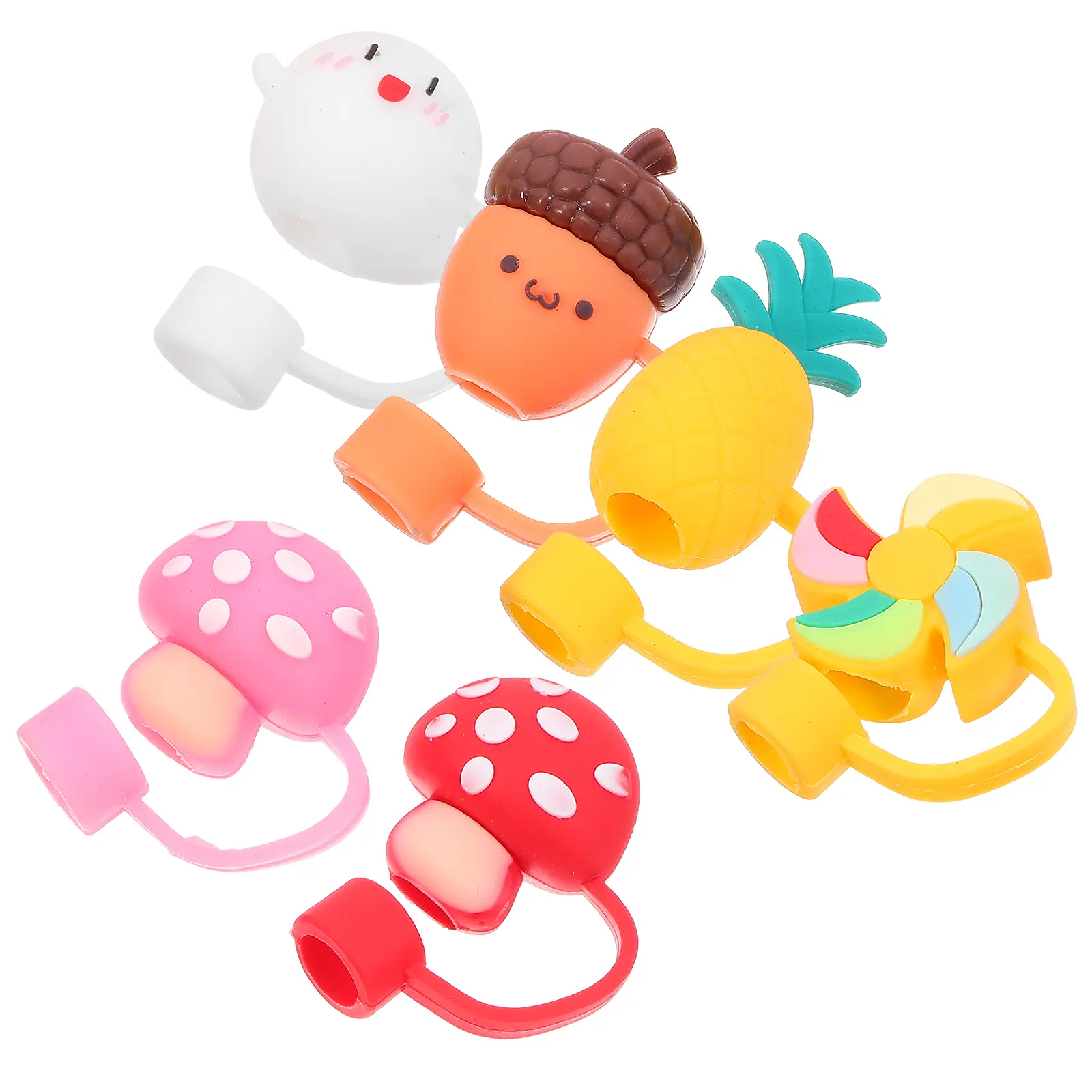 6pcs Silicone Straw Covers Dust Caps Cute Kawaii Drink Protectors Reusable Straws Anti-Dirt Sealable Funny