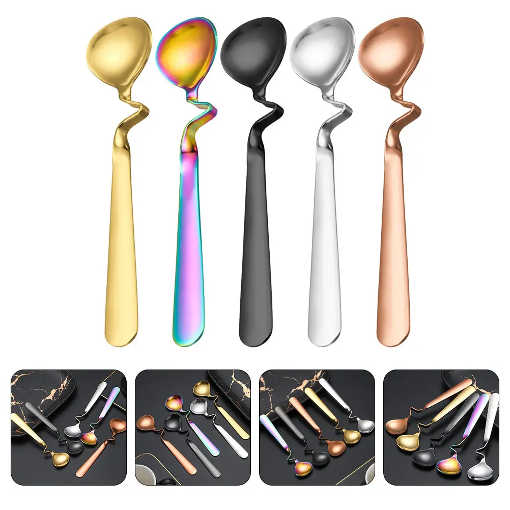 5pcs Mixing Spoon Stainless Steel S Shape Long Handle Coffee Tea Yogurt Dessert Spoon Smooth Practical Home Gift