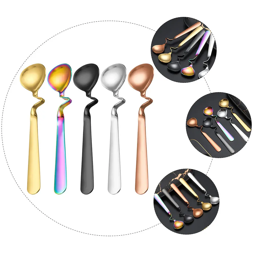 5pcs Mixing Spoon Stainless Steel S Shape Long Handle Coffee Tea Yogurt Dessert Spoon Smooth Practical Home Gift