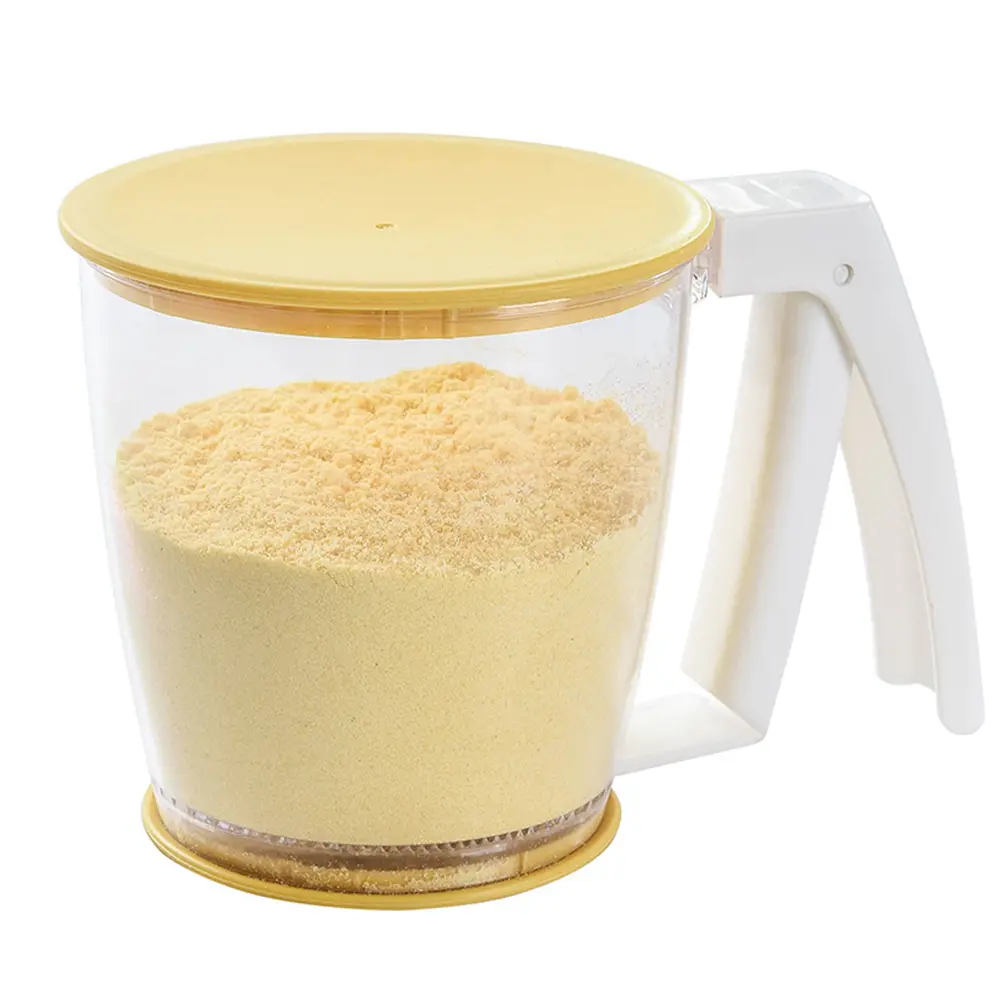 Press Type Flour Sifter Strainer Kitchen Tool Fine Mesh Design Yellow Color Baking Sugar Cocoa Powder H held Shaker Storage Lid