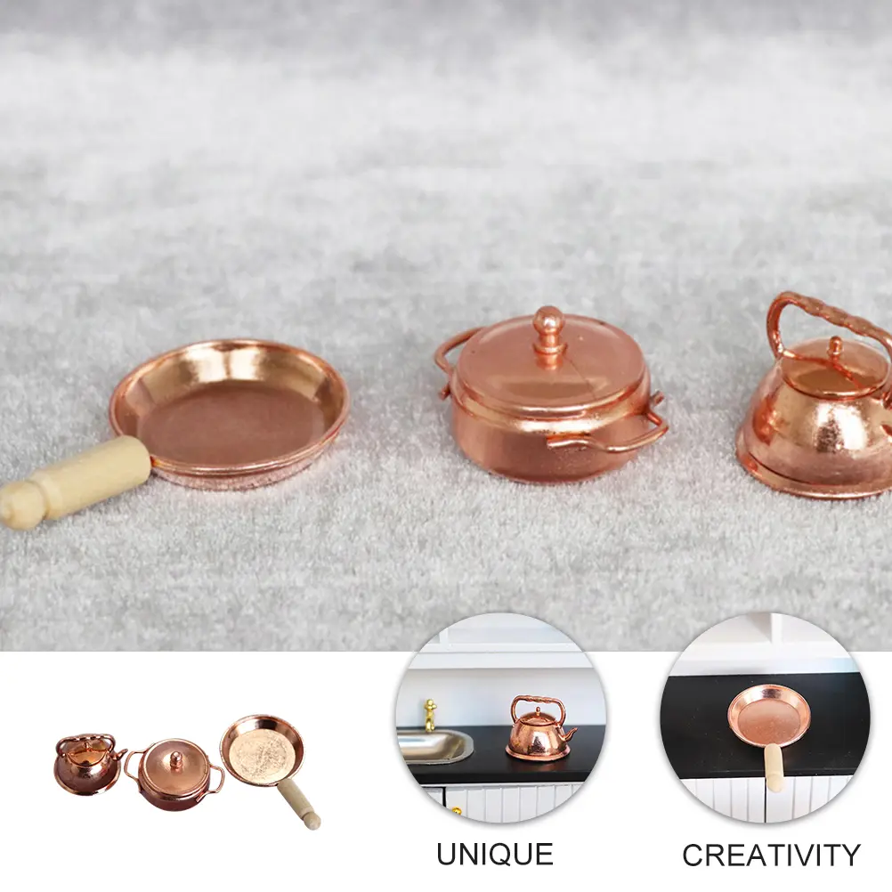 Three Piece Mini Kitchenware Set Alloy Craftsmanship Mini Soup Pot Kettle Saucepan Realistic Details Long Term Use Home Office