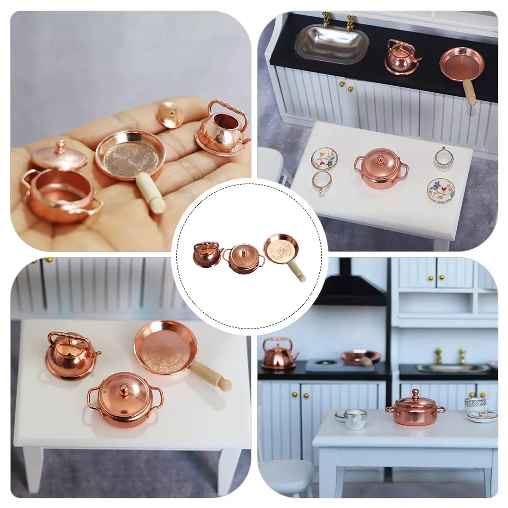 Three Piece Mini Kitchenware Set Alloy Craftsmanship Mini Soup Pot Kettle Saucepan Realistic Details Long Term Use Home Office