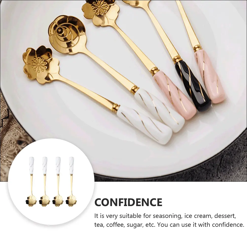 4 Pcs Ceramic Handle Spoon Utensil Convenient Flower Ice Cream White Coffee Dessert Spoons Dad