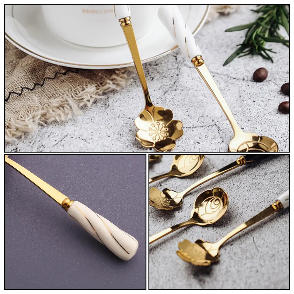 4 Pcs Ceramic Handle Spoon Utensil Convenient Flower Ice Cream White Coffee Dessert Spoons Dad