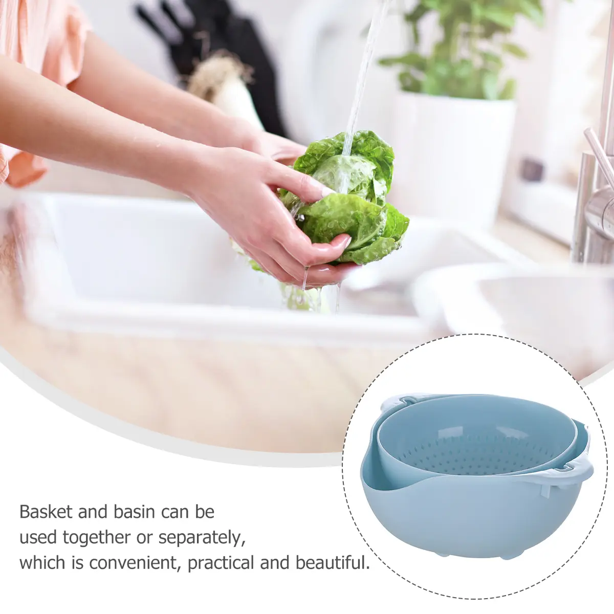 Wheat Straw Kitchen Vegetable Basin Fruit Washing Bowl Strainer Food Storage Fruit Double Layer