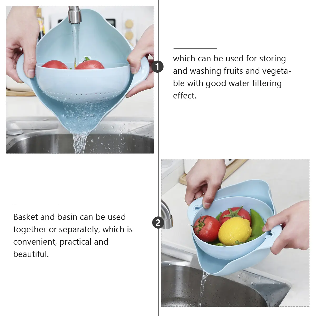 Wheat Straw Kitchen Vegetable Basin Fruit Washing Bowl Strainer Food Storage Fruit Double Layer