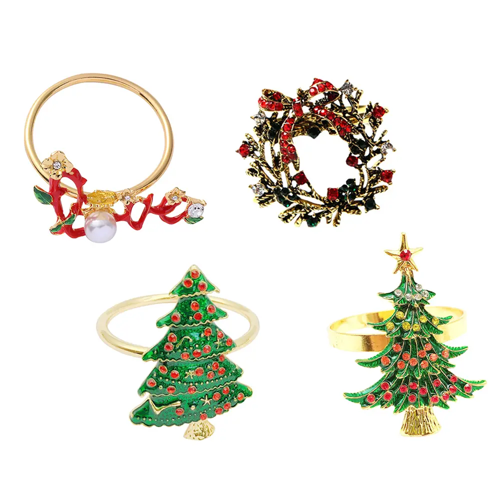 4Pcs Napkin Rings Rhinestone Inlay Christmas Themed Napkin Holder Set Tableware Accessories Metal Banquet Party Home