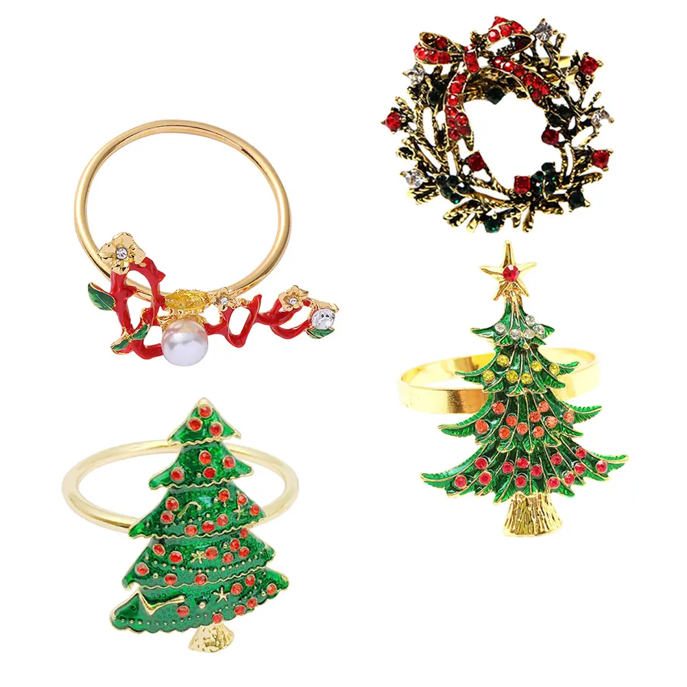 4Pcs Napkin Rings Rhinestone Inlay Christmas Themed Napkin Holder Set Tableware Accessories Metal Banquet Party Home