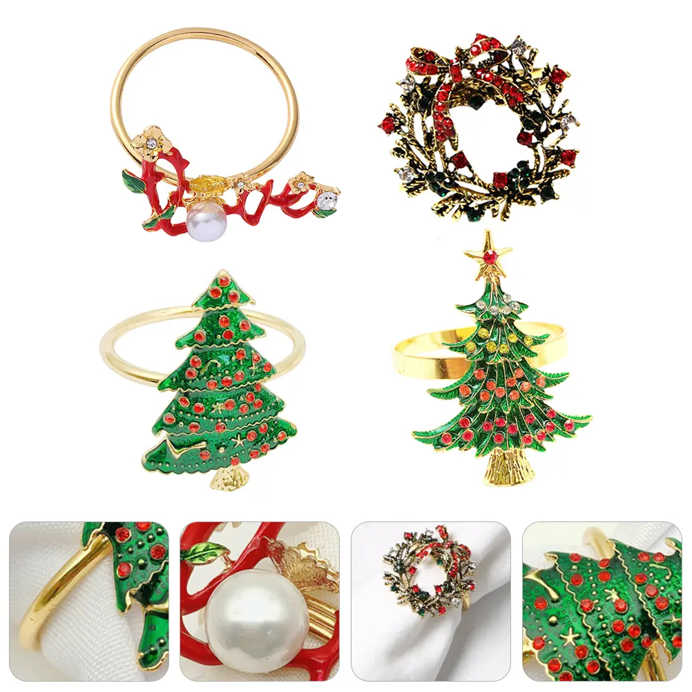 4Pcs Napkin Rings Rhinestone Inlay Christmas Themed Napkin Holder Set Tableware Accessories Metal Banquet Party Home