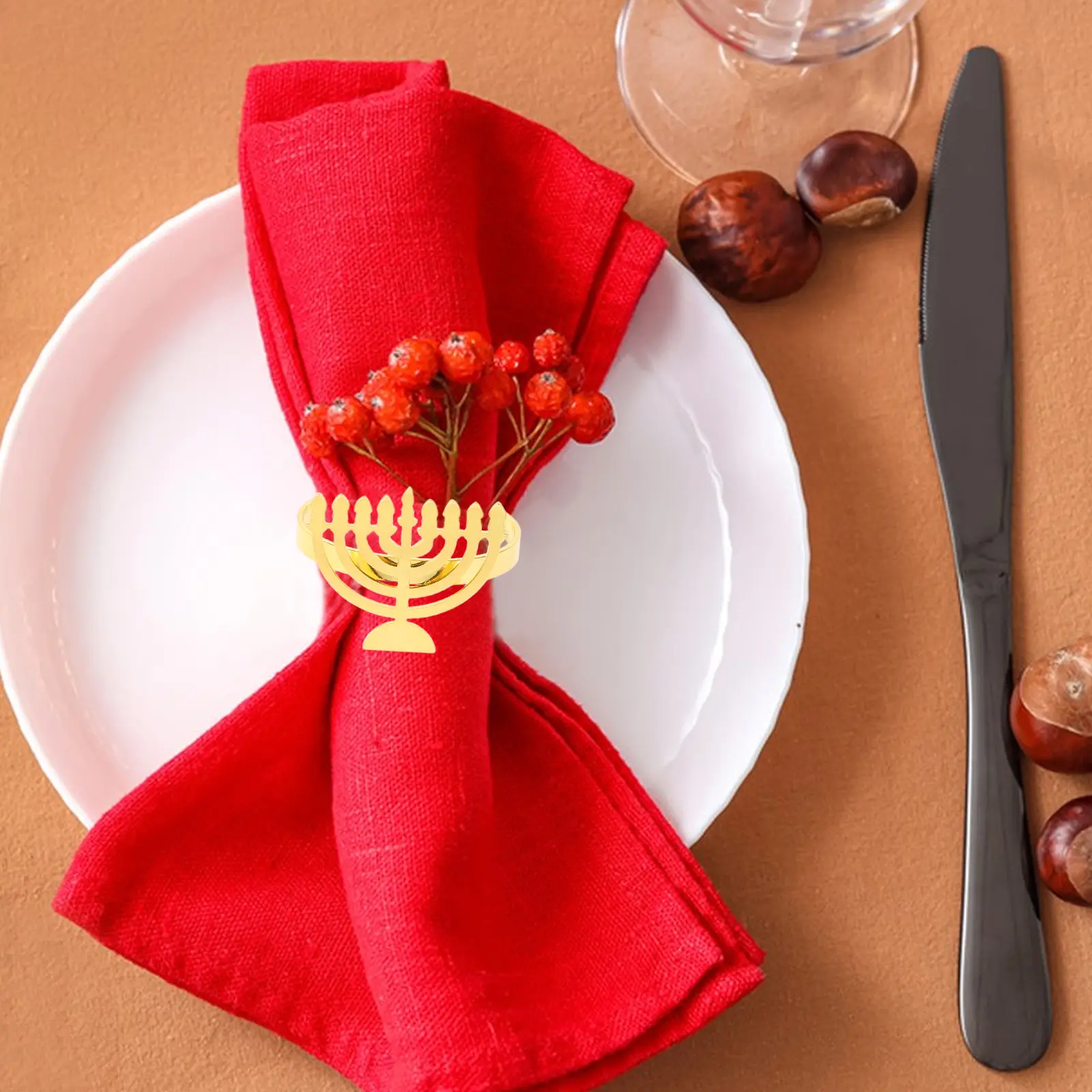 4 pcs Napkin Rings Menorah Shaped Serviette Holders Party Hanukkah Napkin Circle Decorations Kitchen Bar Accessories