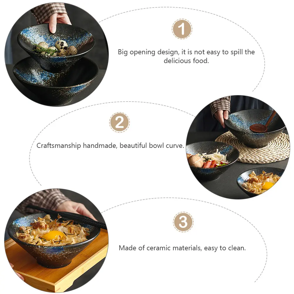 3Pcs Bamboo Wood Ceramic Alloy Japanese Ramen Bowl Food Serving Bowl Set Household Dinnerware Set