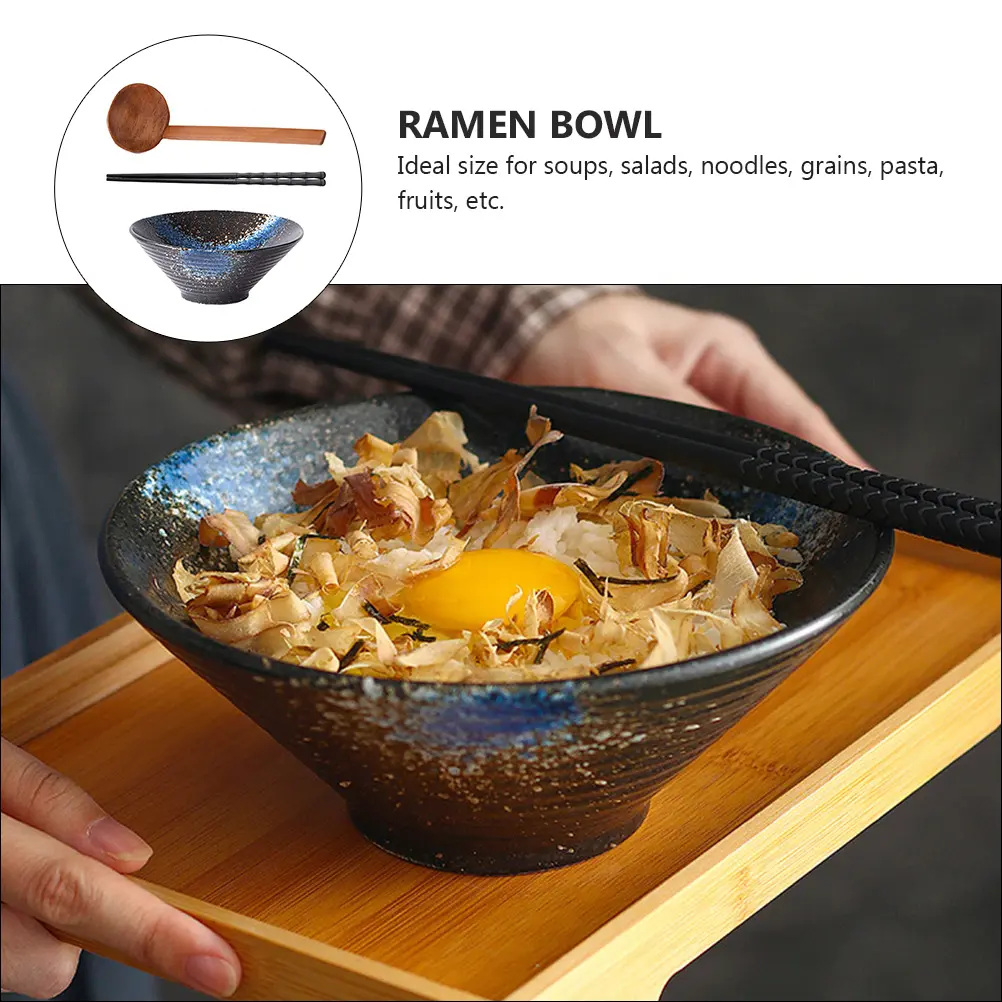3Pcs Bamboo Wood Ceramic Alloy Japanese Ramen Bowl Food Serving Bowl Set Household Dinnerware Set