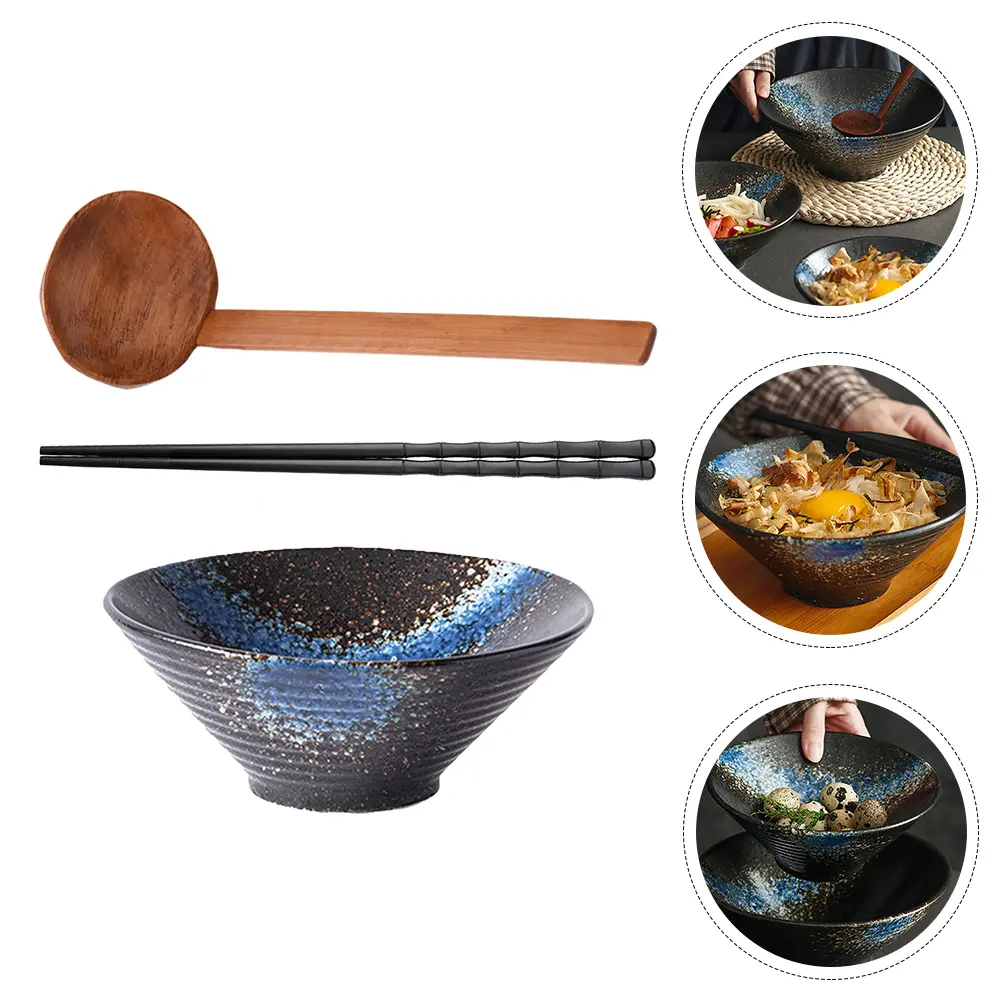 3Pcs Bamboo Wood Ceramic Alloy Japanese Ramen Bowl Food Serving Bowl Set Household Dinnerware Set