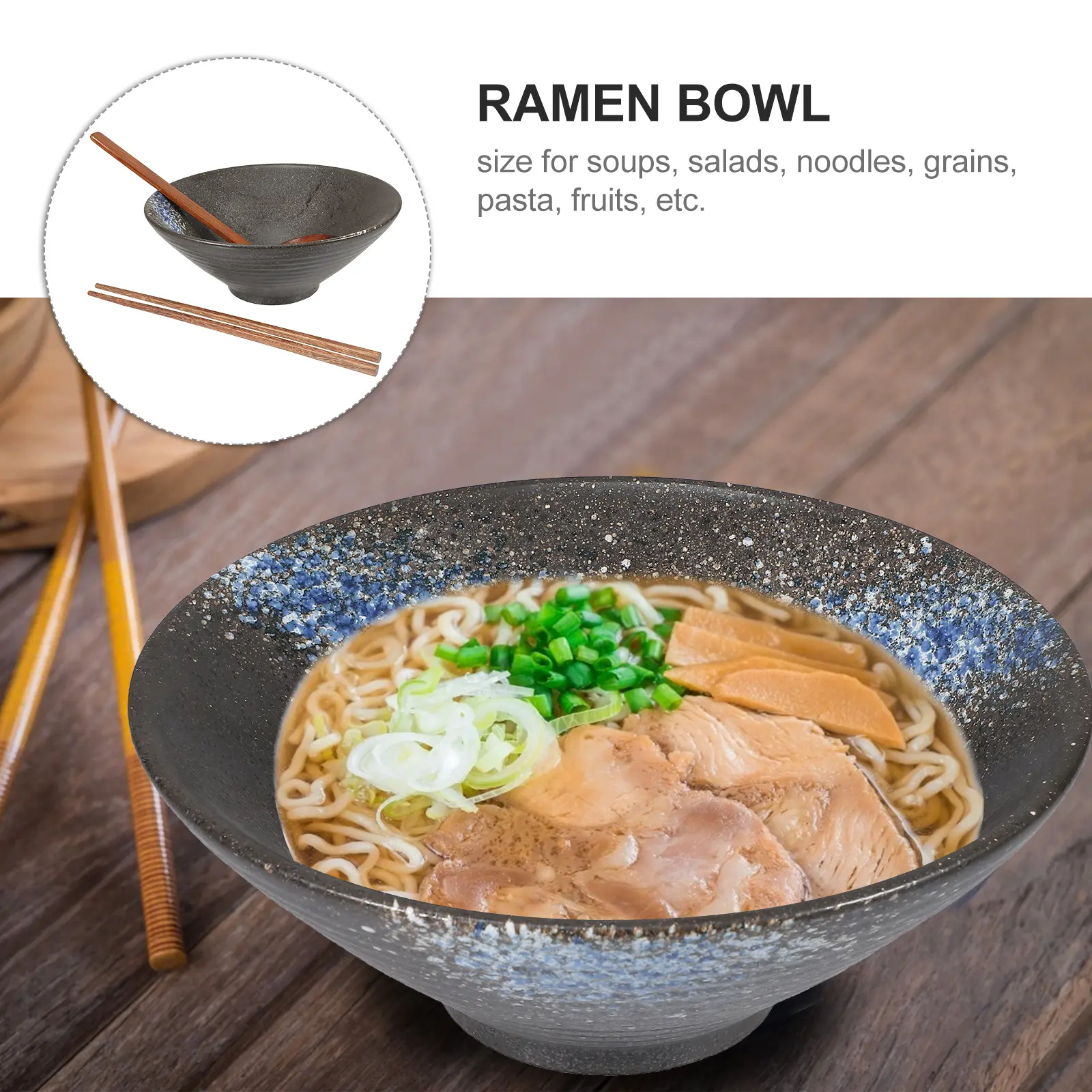 3Pcs Bamboo Wood Ceramic Alloy Japanese Ramen Bowl Food Serving Bowl Set Household Dinnerware Set