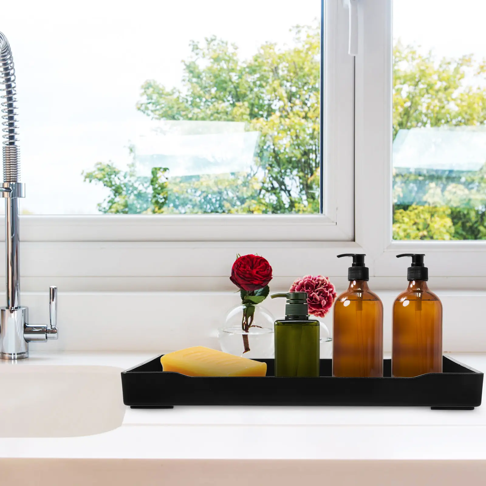 4pcs Black Bathroom Storage Tray Rectangular Vanity Counter Plate Hotel Supply Towel Holder Daily Use Toiletries Multi-function