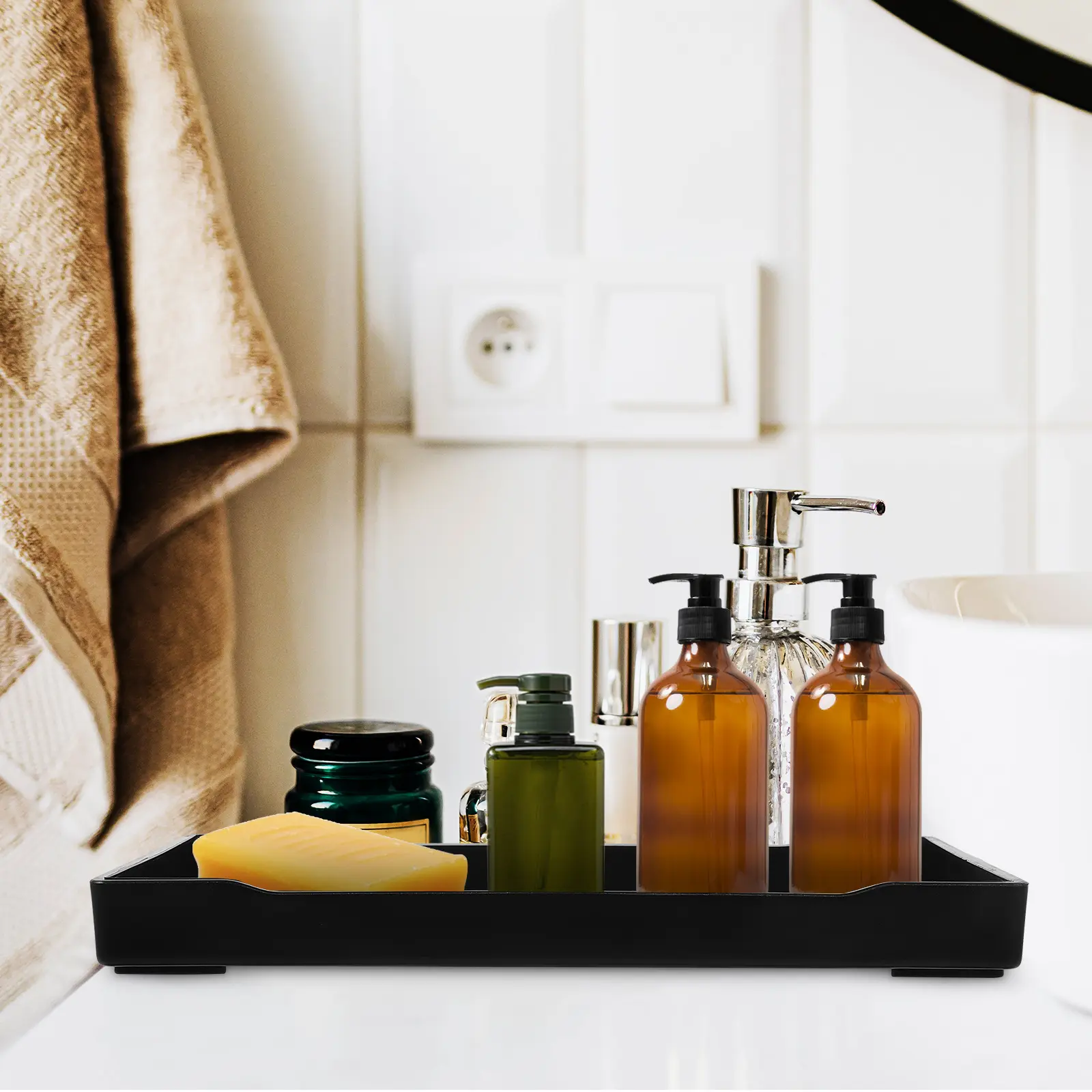 4pcs Black Bathroom Storage Tray Rectangular Vanity Counter Plate Hotel Supply Towel Holder Daily Use Toiletries Multi-function