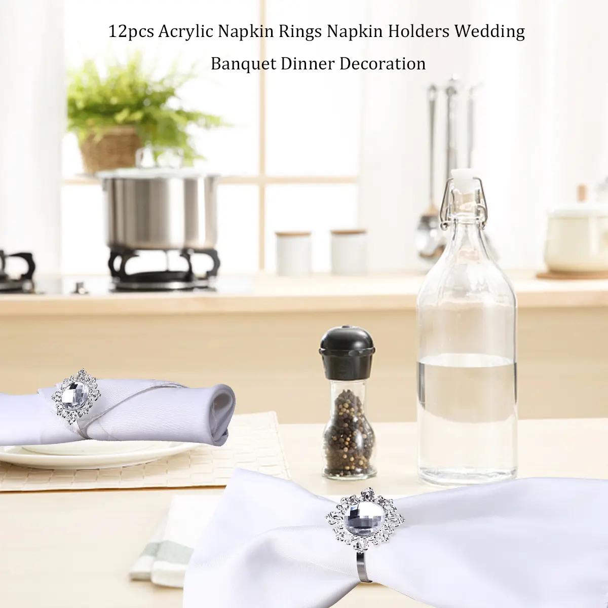 12pcs Napkin Acrylic Iron Elegant Wedding Party Banquet Bridal Dinner Table Decoration Serviette Holders Rhinestone