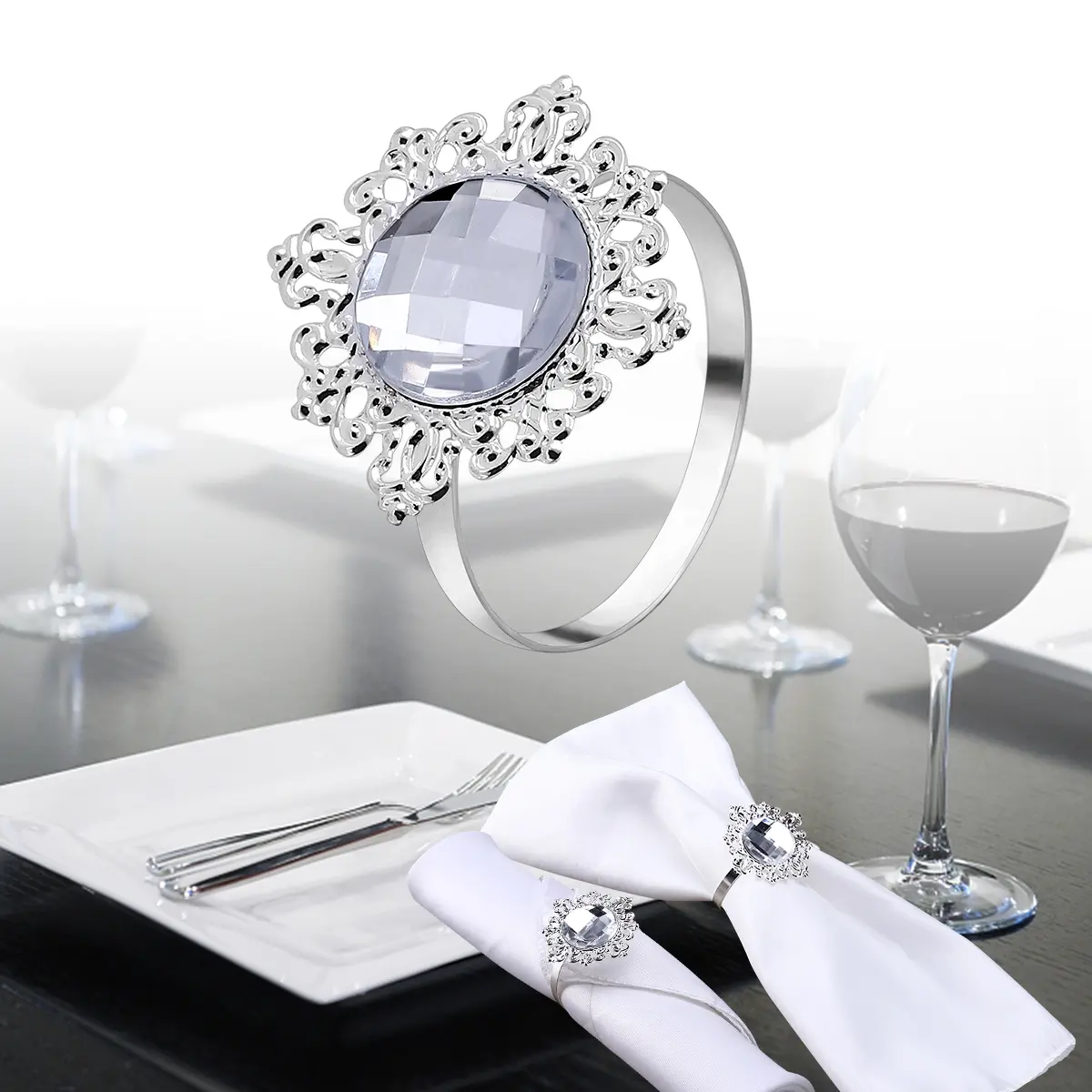 12pcs Napkin Acrylic Iron Elegant Wedding Party Banquet Bridal Dinner Table Decoration Serviette Holders Rhinestone