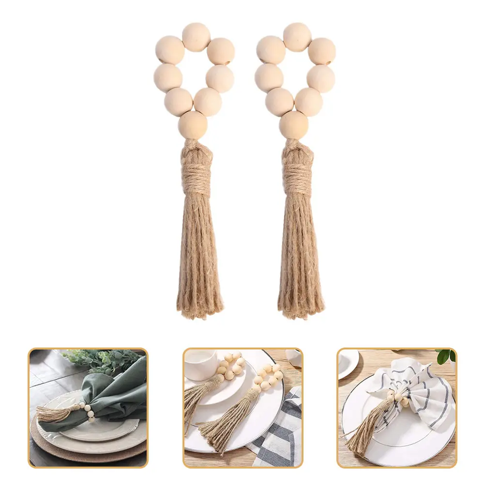 10pcs Wooden Bead Napkin Rings Color Rustic Farmhouse Decor Wedding Party Christmas Banquet Supplies Sturdy Beads Tassel