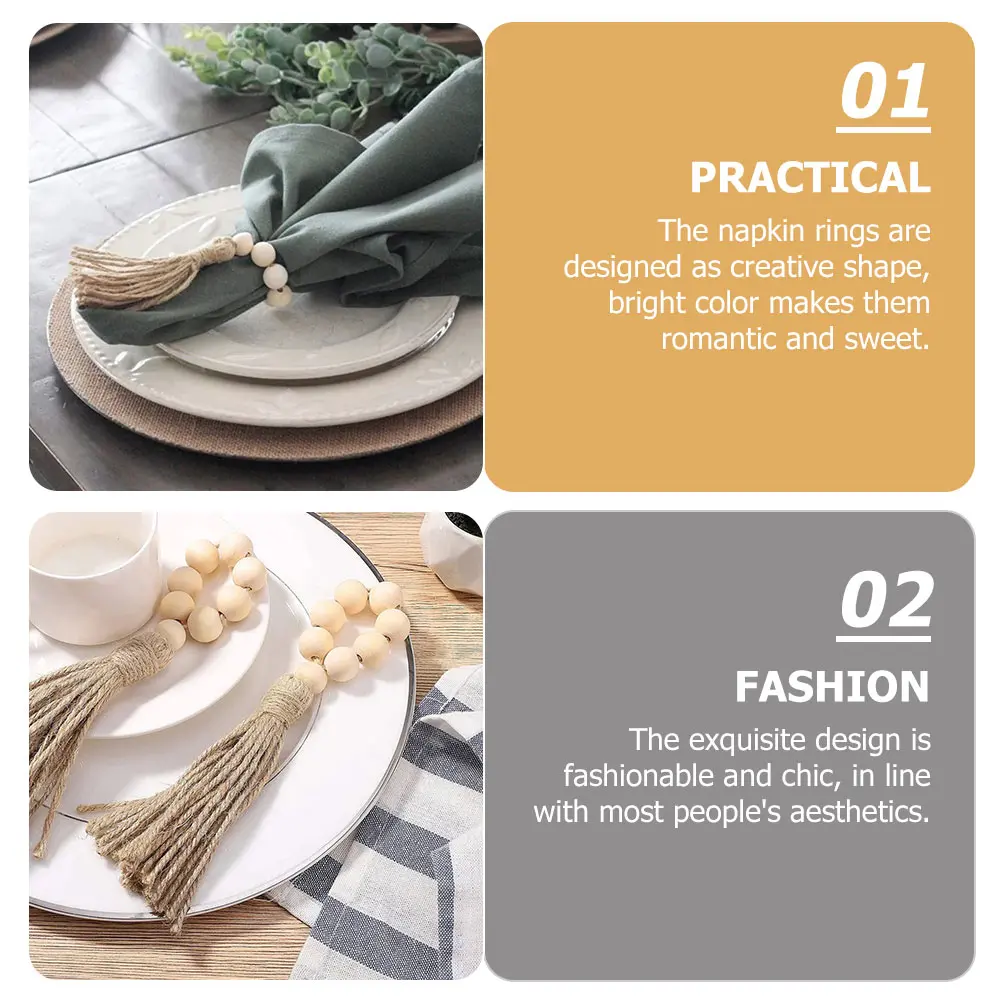 10pcs Wooden Bead Napkin Rings Color Rustic Farmhouse Decor Wedding Party Christmas Banquet Supplies Sturdy Beads Tassel