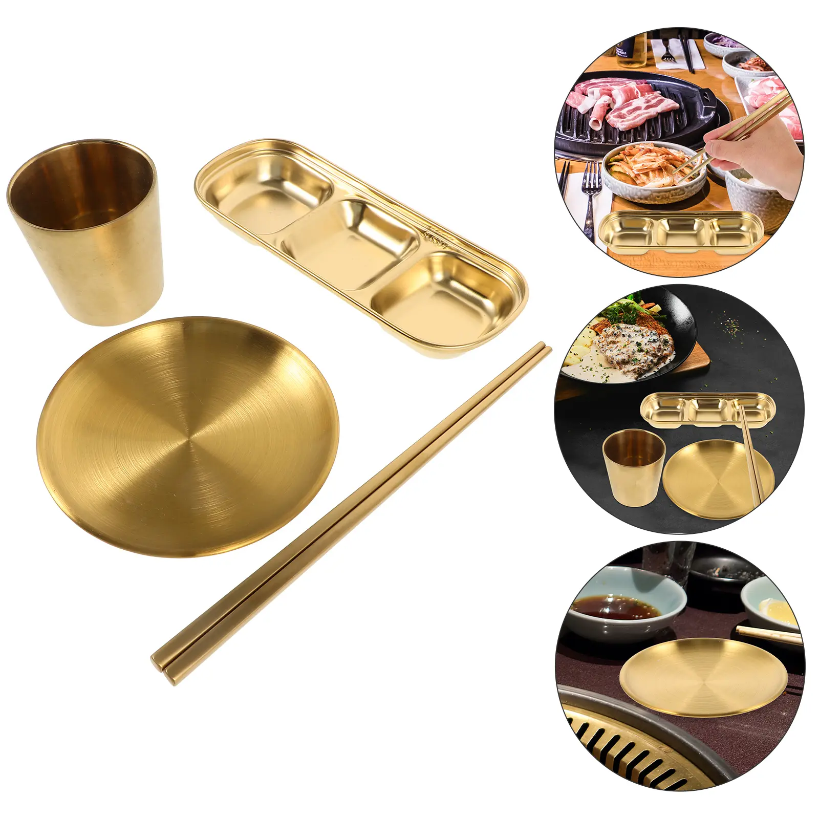 1 set Stainless Steel Tableware Set Dip Tray Dipping Sauce Bowls Serving Dish Divider Prep Container Combo For Family Restaurant