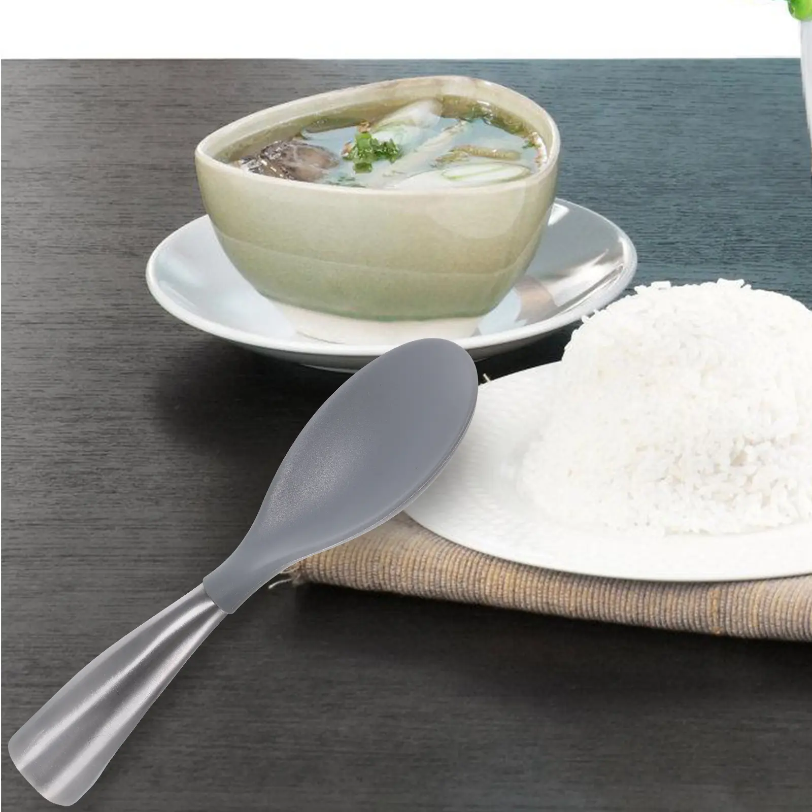 1pc Stainless Steel Handle Rice Spoon Large Size Kitchen Utensils Grey Silicone Scoop Easy Clean Practical Function Gifts