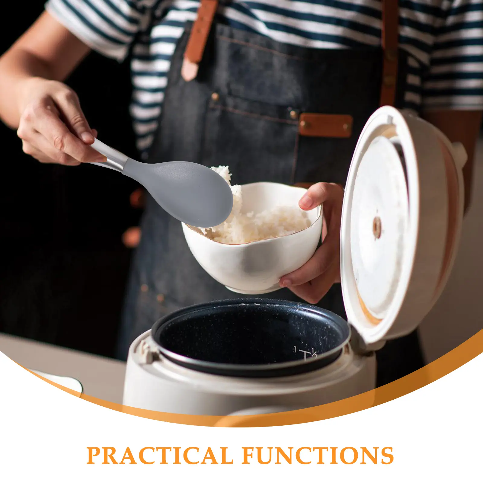 1pc Stainless Steel Handle Rice Spoon Large Size Kitchen Utensils Grey Silicone Scoop Easy Clean Practical Function Gifts